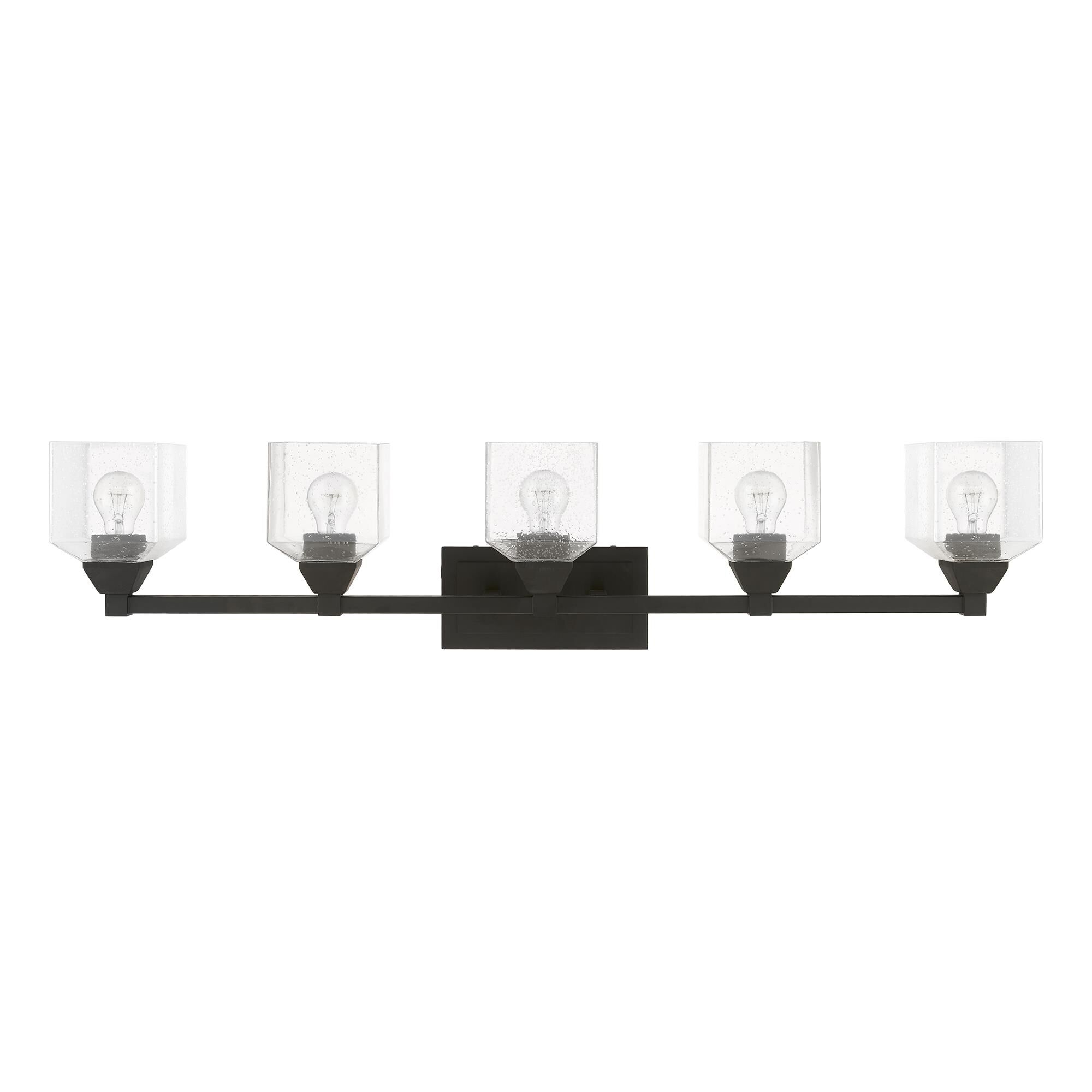 Shown in Black finish and Hand Blown Clear Seeded glass
