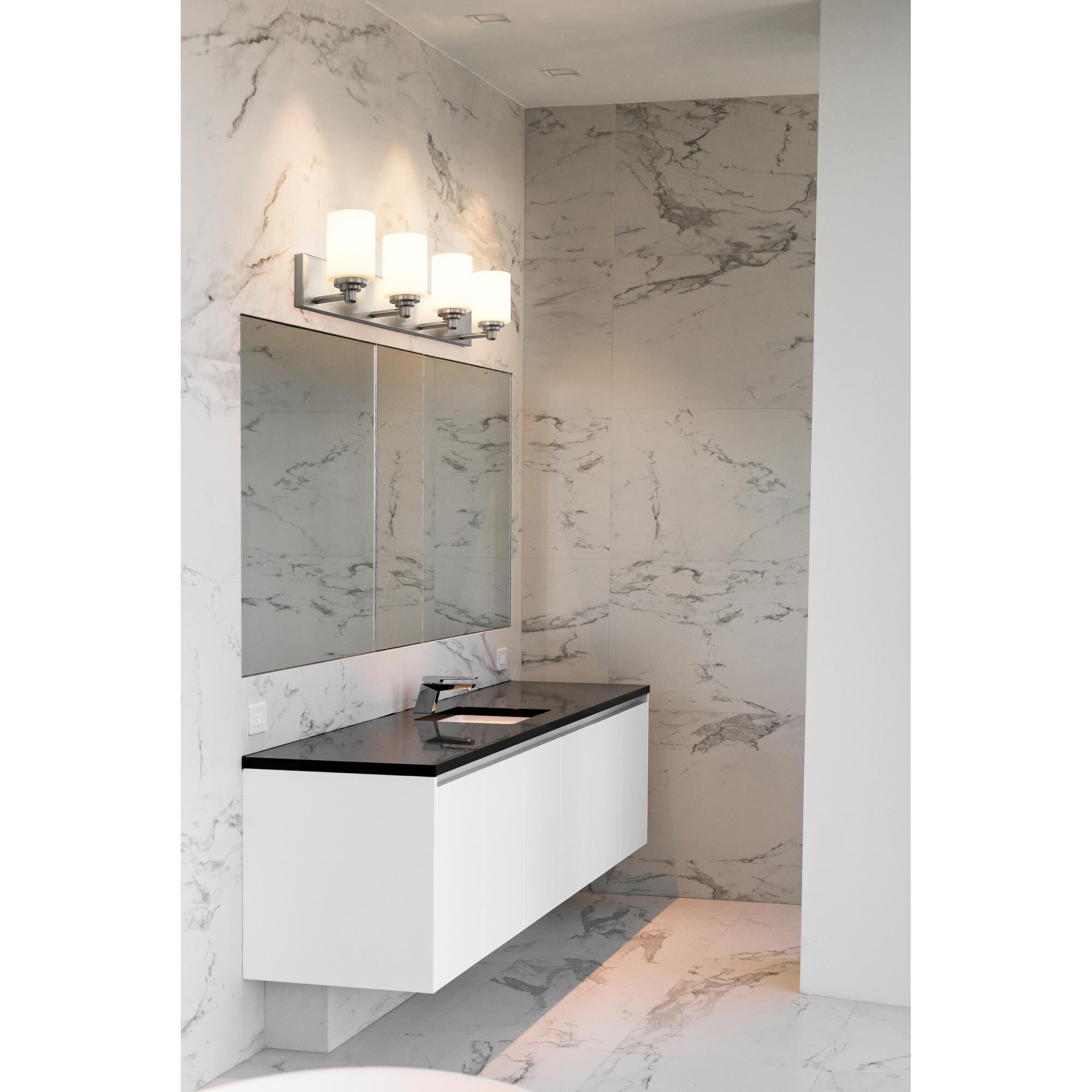 Shown in Brushed Nickel finish and White glass