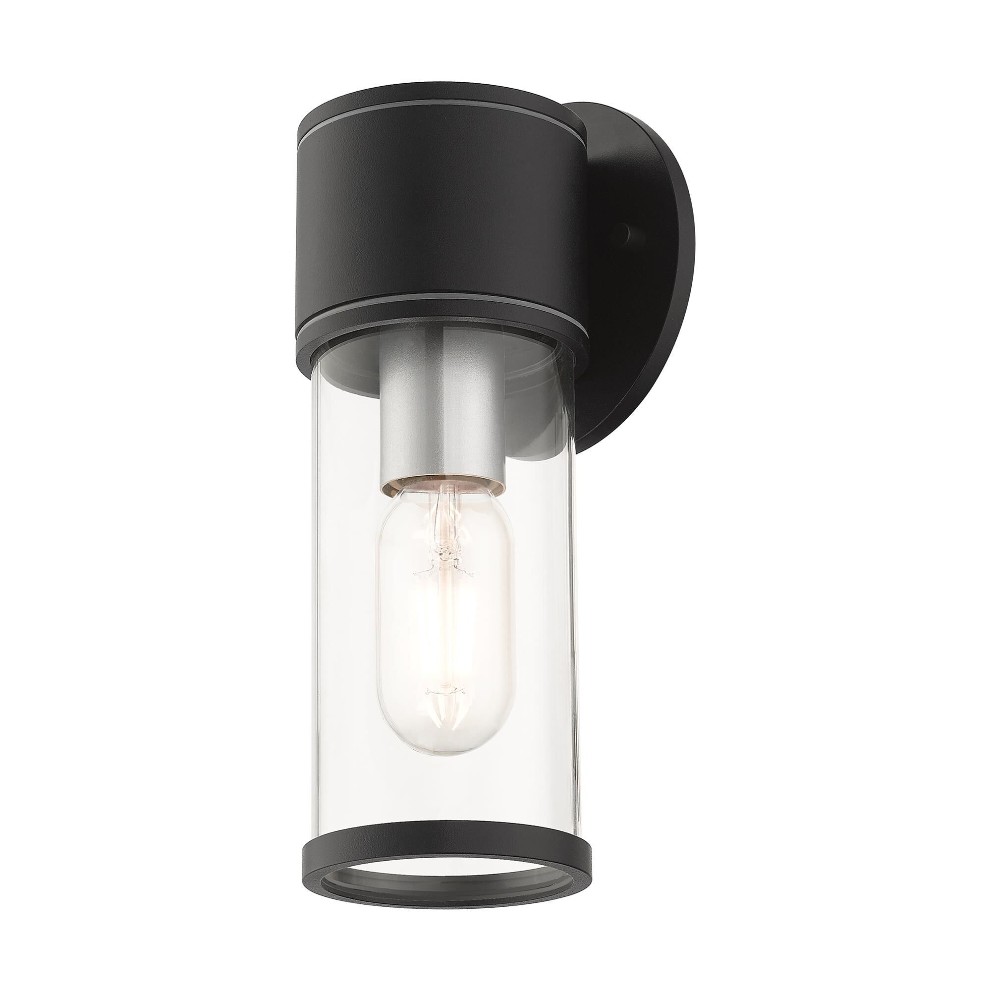 Shown in Textured Black With Antique Silver Accents finish and Clear glass