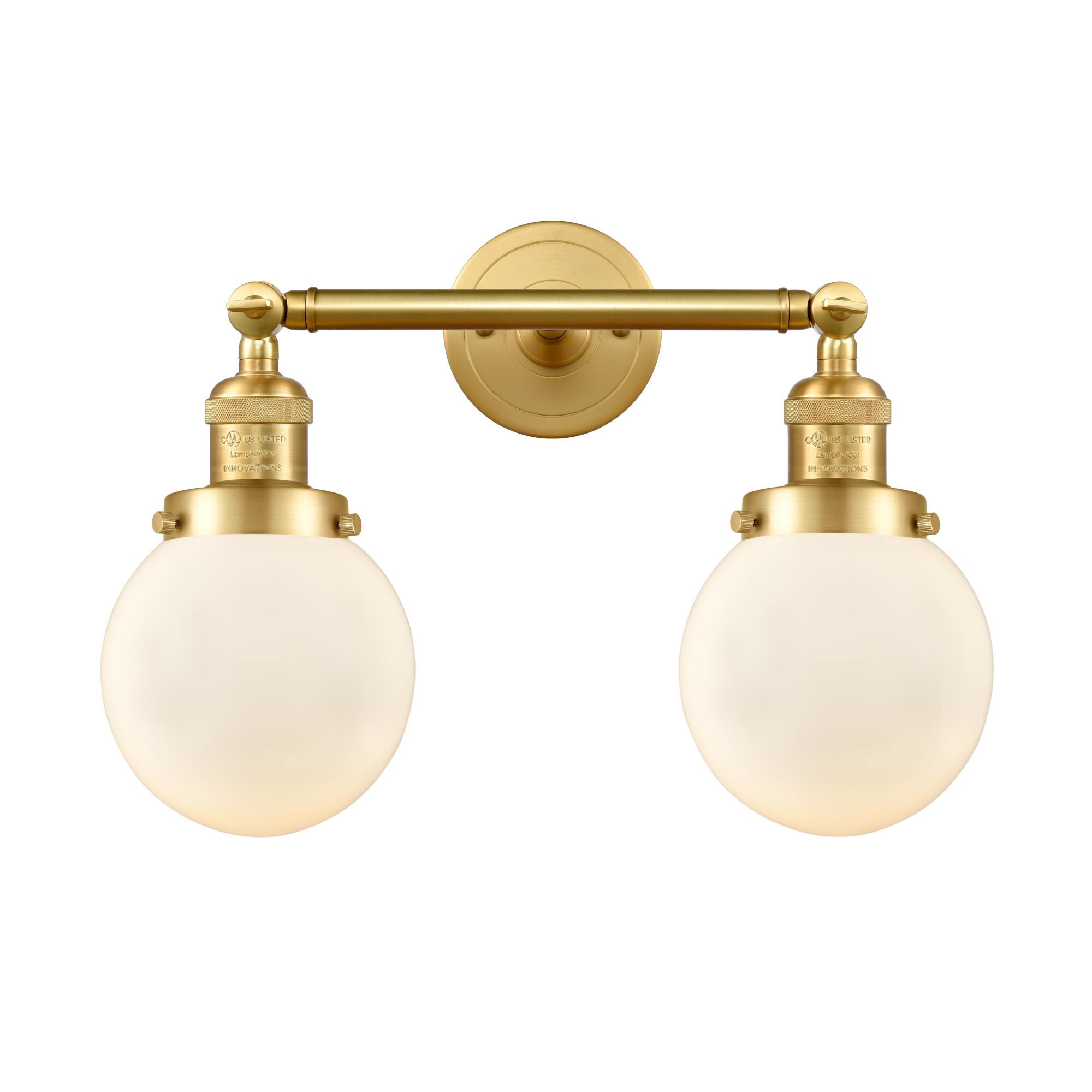 Shown in Satin Gold finish and Matte White Cased Beacon glass