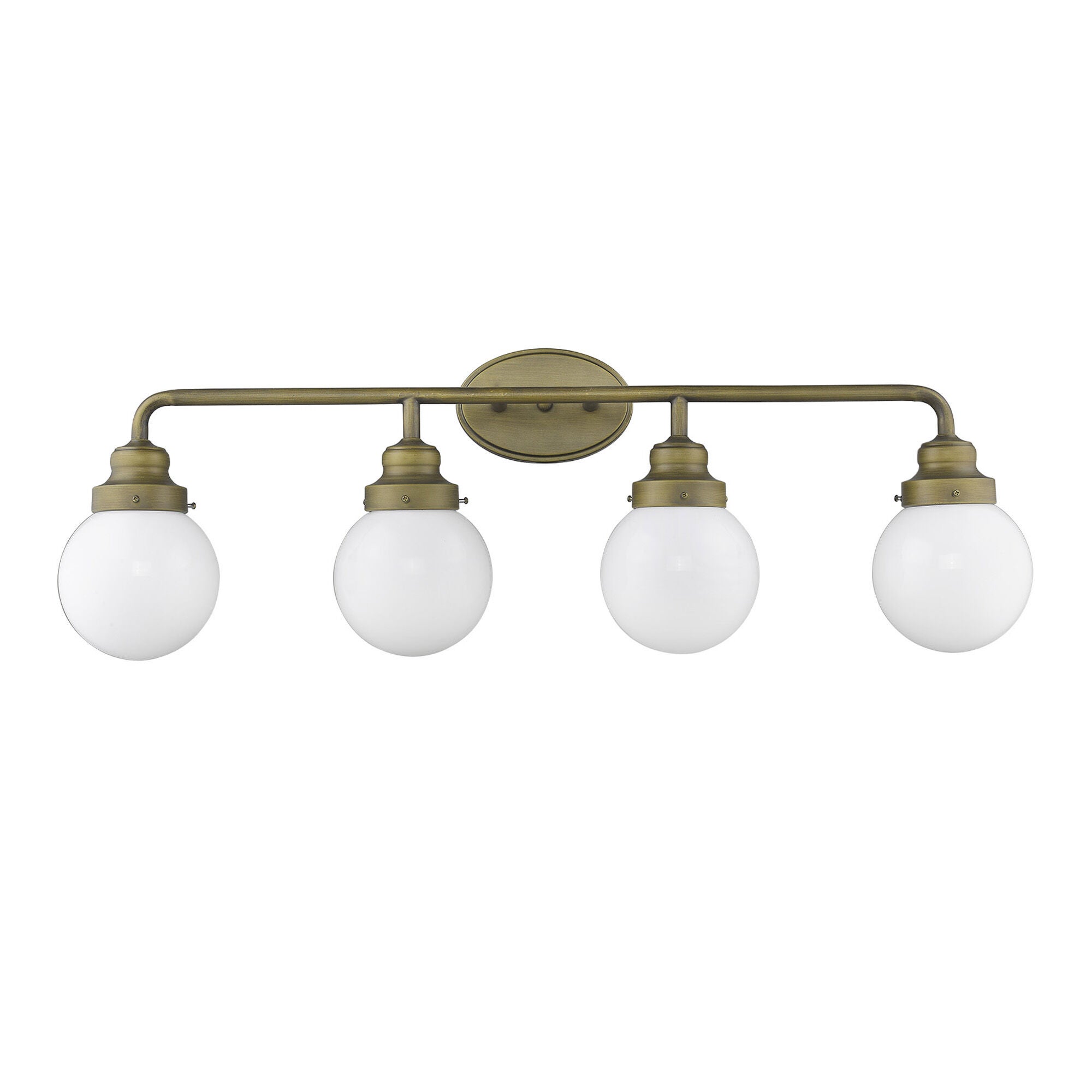 Shown in Raw Brass finish and Opal glass and Opal, Glass Globes shade