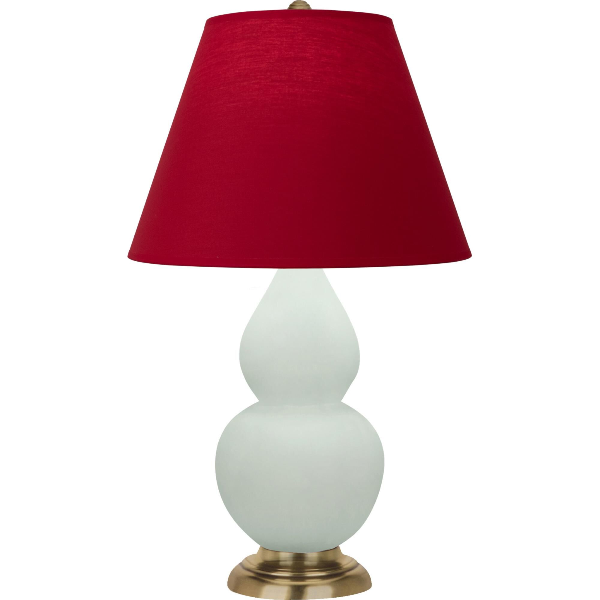 Shown in Matte Celadon finish and Rose Red with Ink Black Lining Fabric shade and Antique Natural Brass accent