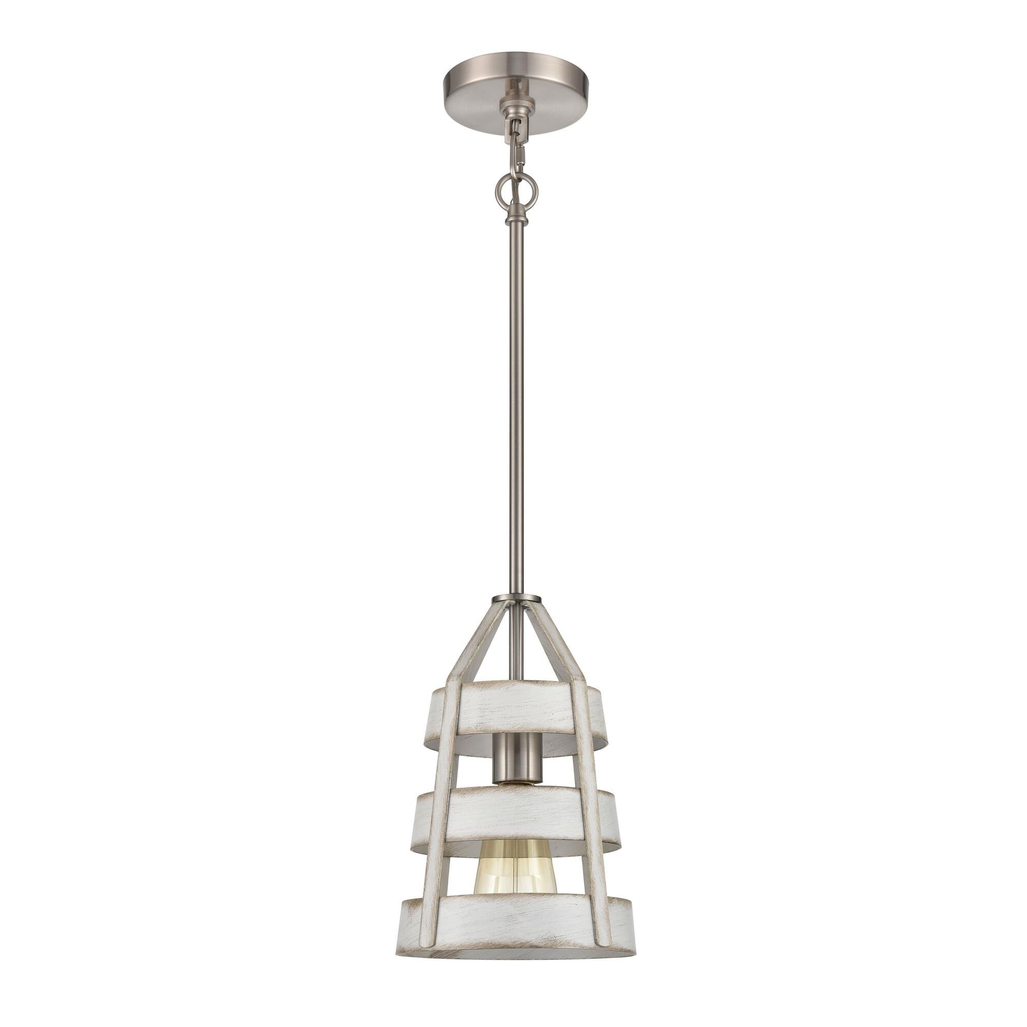 Shown in Satin Nickel finish and Antique White Metal shade