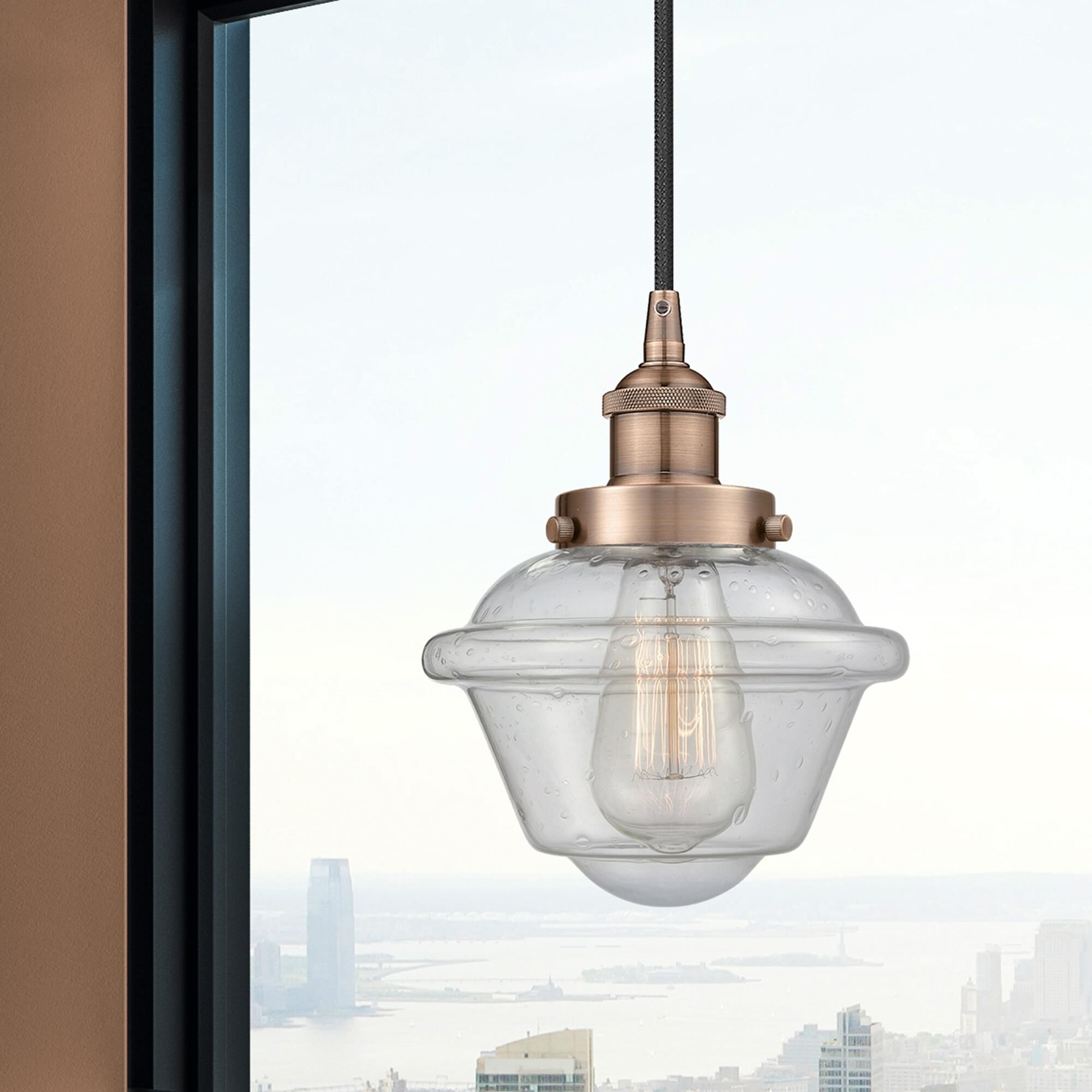 Shown in Antique Copper finish and Seedy Small Oxford glass