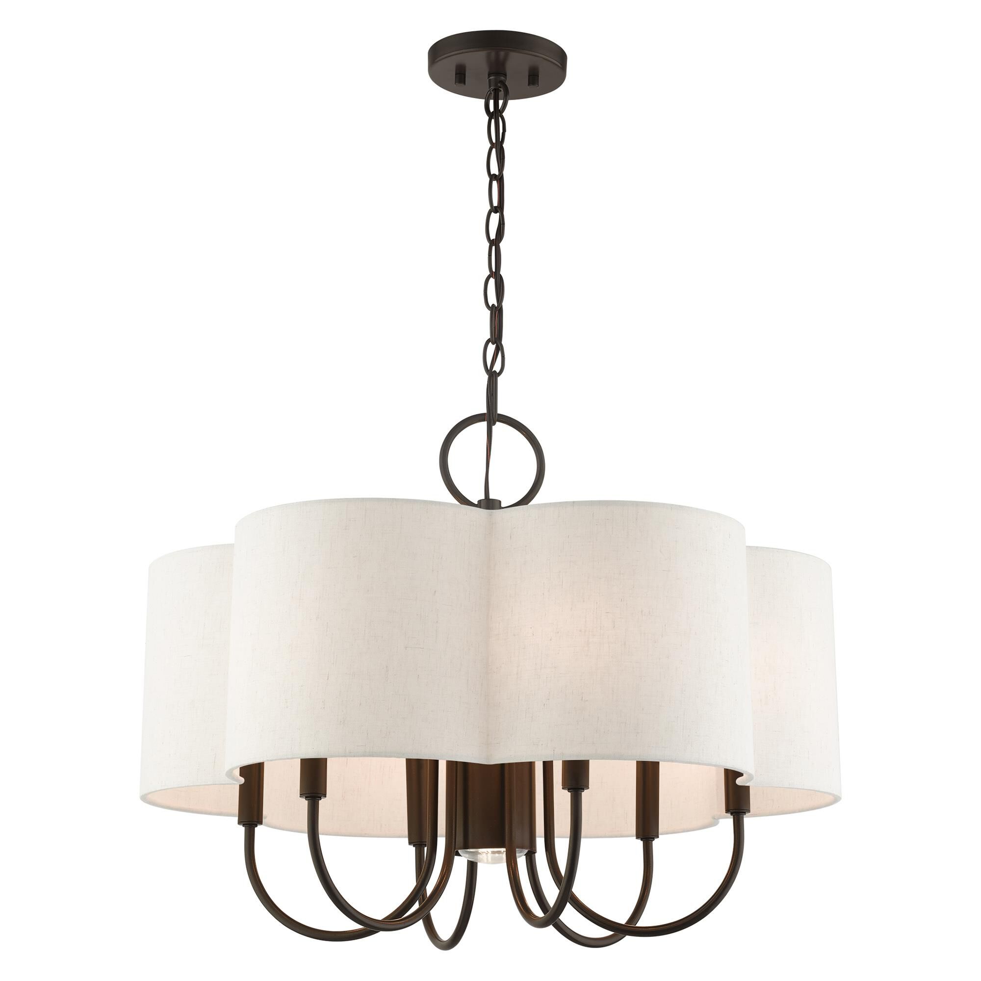 Shown in English Bronze finish and Hand Crafted Hardback Scalloped  Completely Finished With Oatmeal Color Fabric Outside and Inside shade