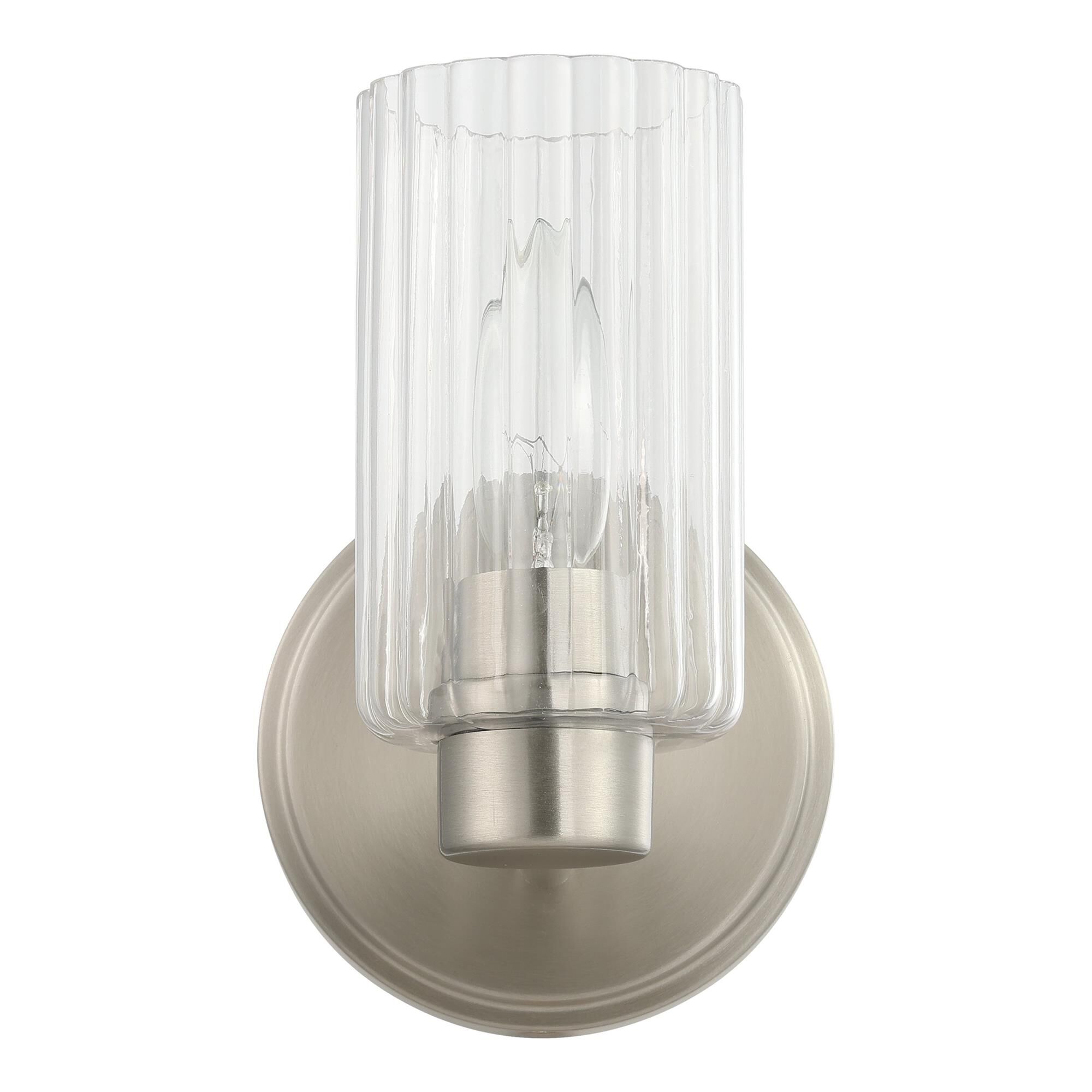 Shown in Brushed Nickel finish and Clear Ribbed glass