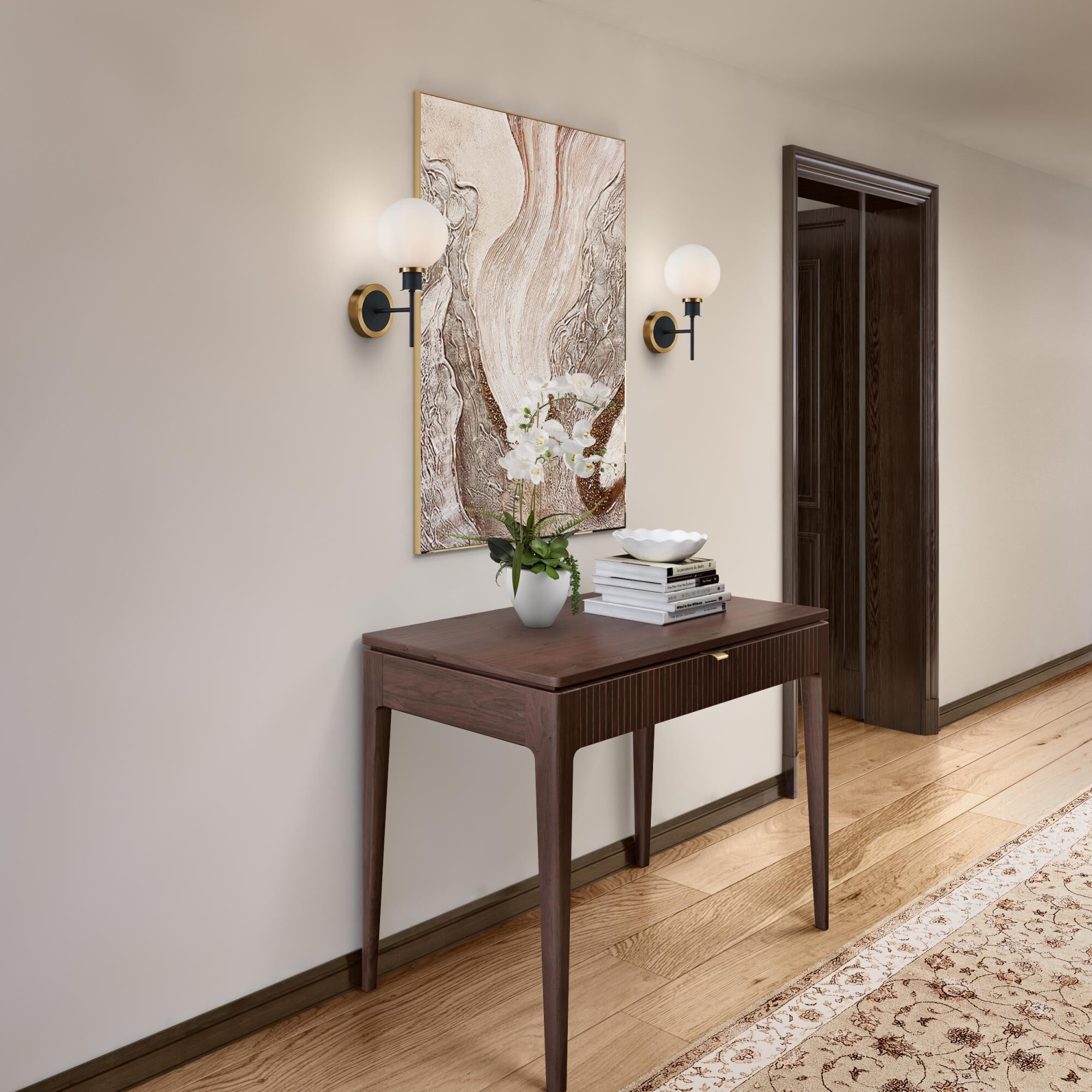 Shown in Black and Brushed Brass finish and White glass