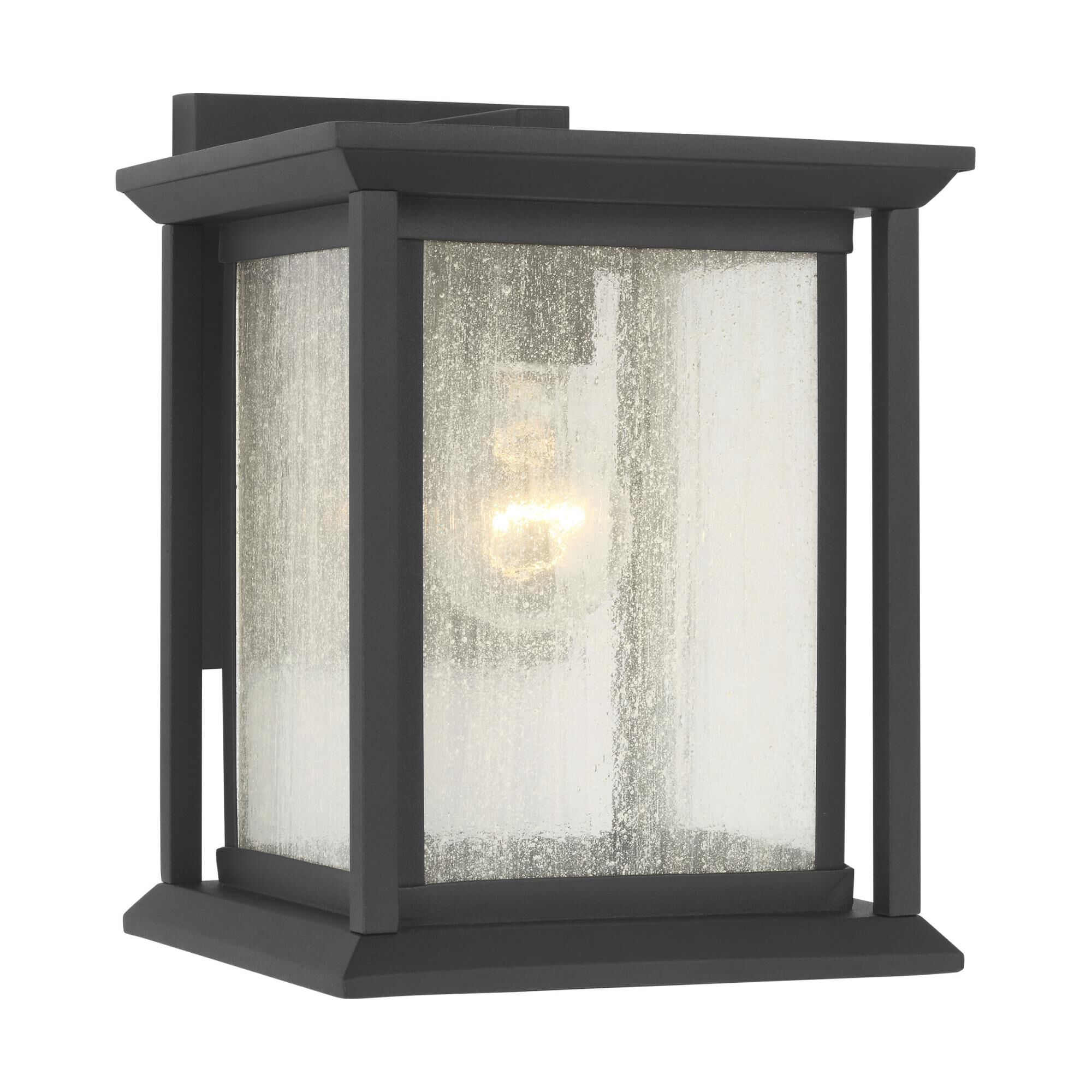 Shown in Textured Black finish and Distressed Seeded Panels glass