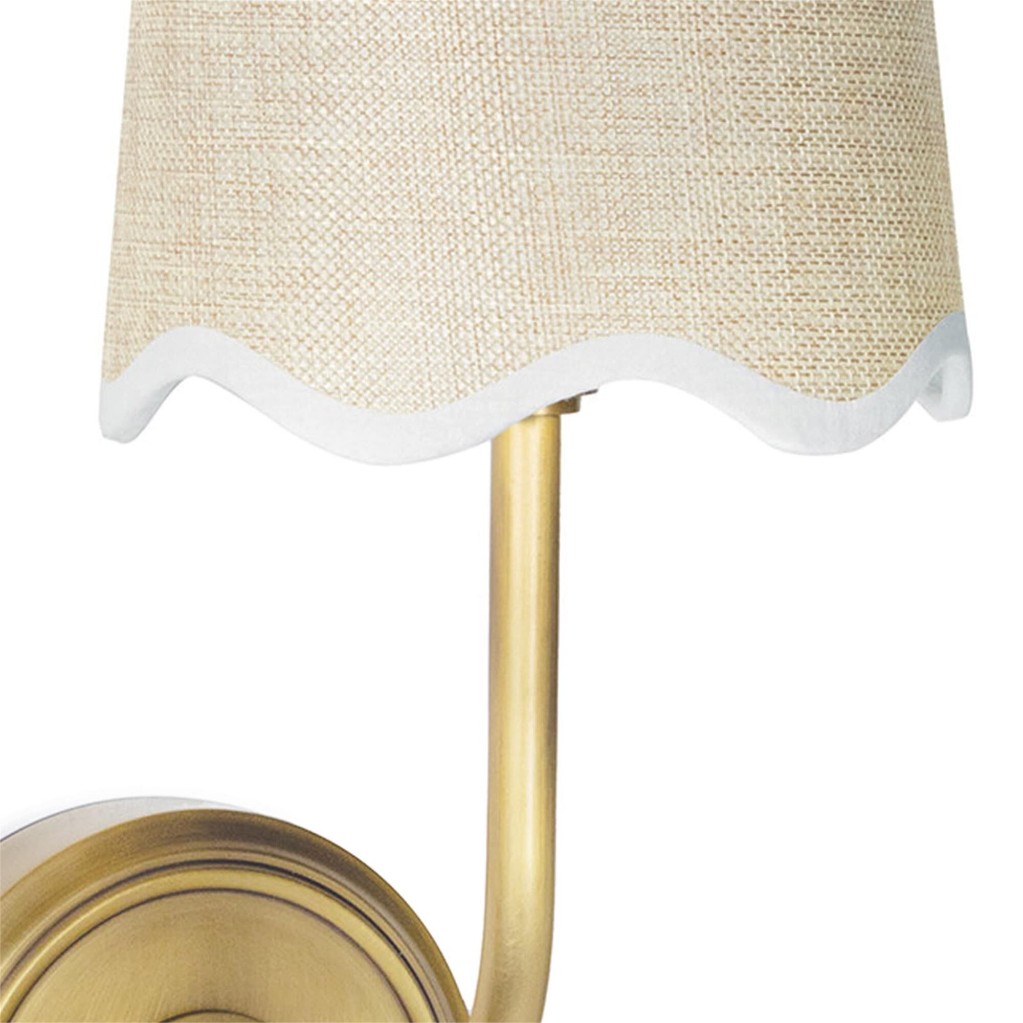 Shown in Natural Brass finish and Linen shade