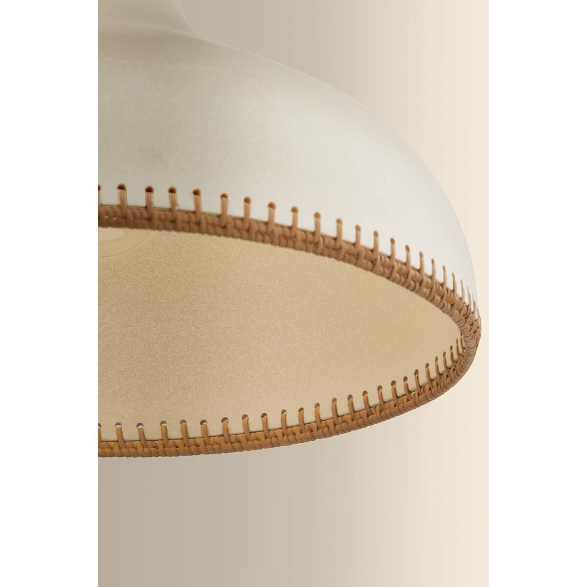 Shown in Aged Brass and Ceramic Cream Pebble finish and Rattan Weave Ceramic shade