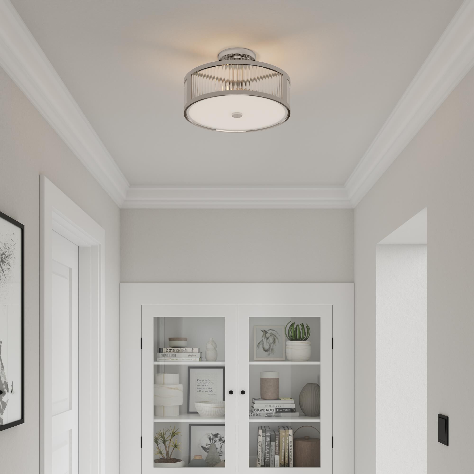 Shown in Polished Nickel finish and Clear Ribbed glass