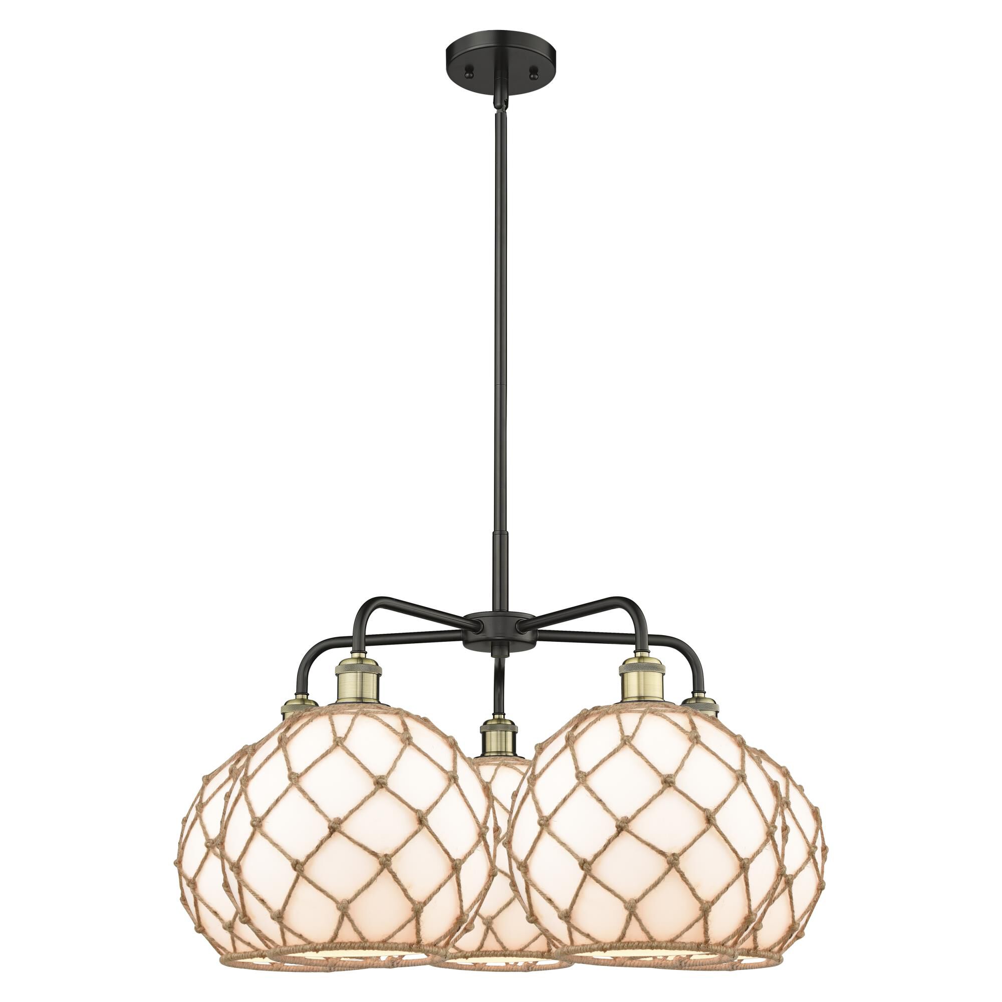 Shown in Black Antique Brass finish and White with Brown Rope glass