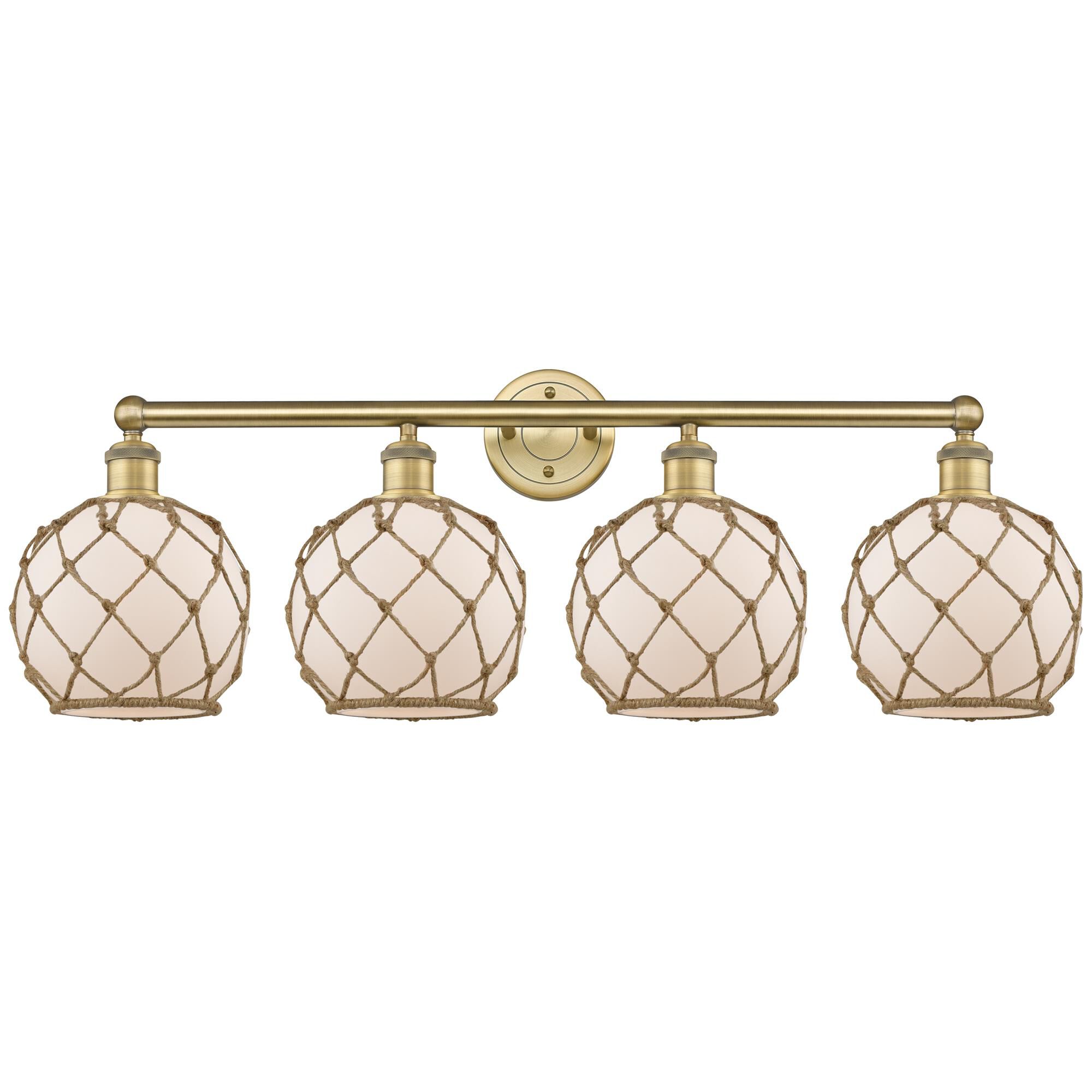 Shown in Brushed Brass finish and White with Brown Rope glass