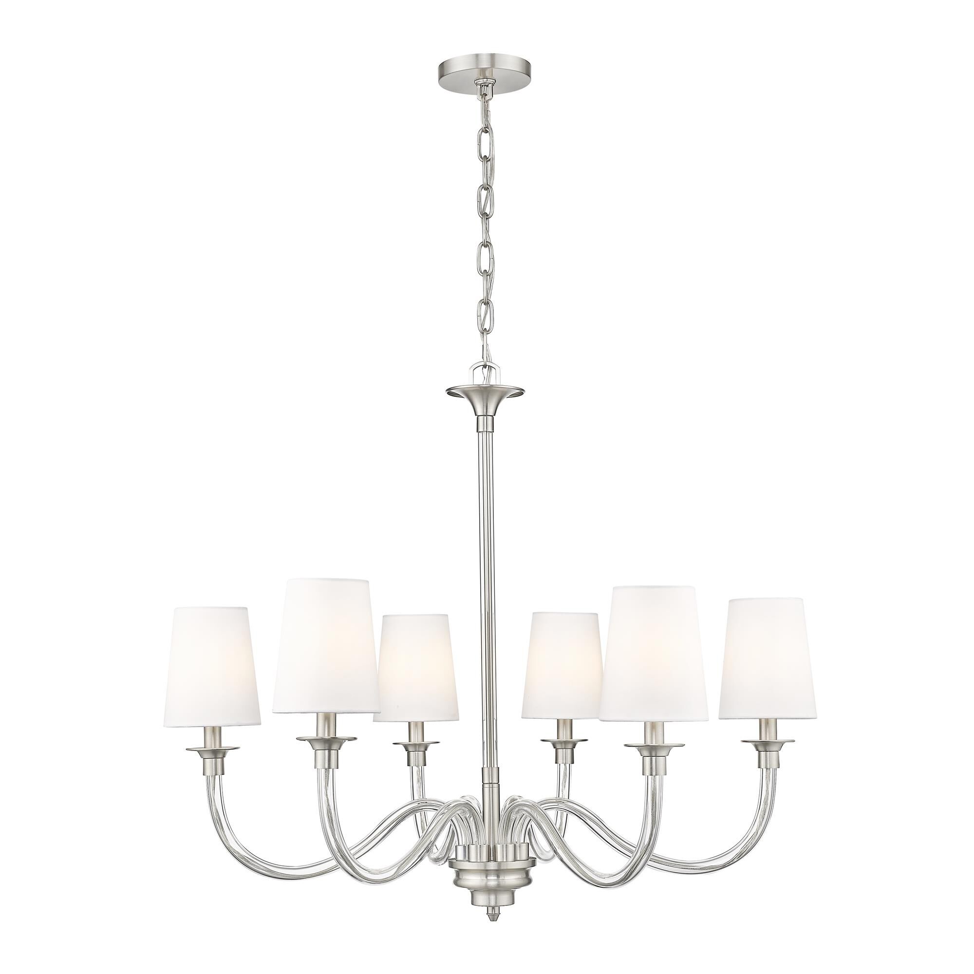 Shown in Brushed Nickel finish and White glass and White shade