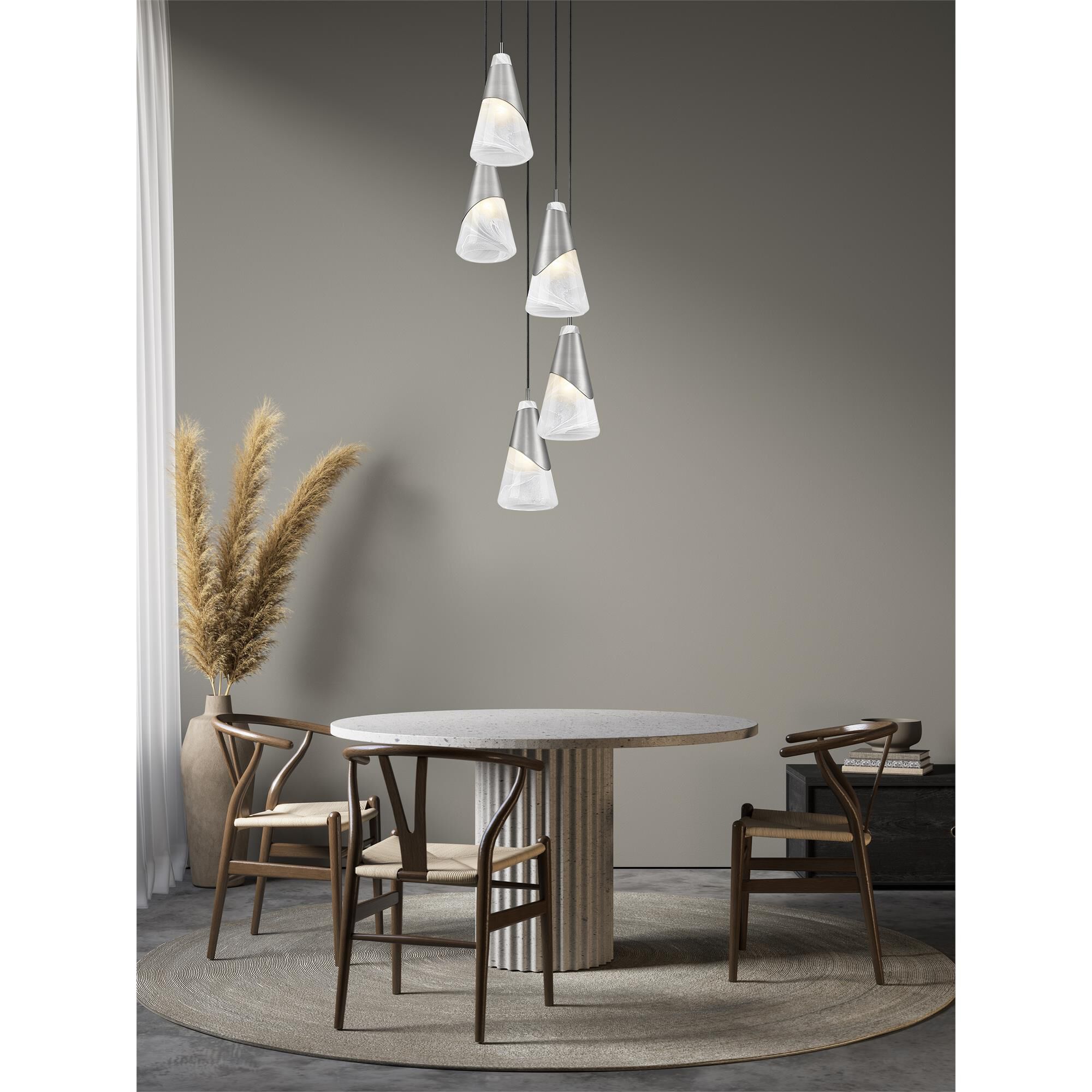 Shown in Brushed Nickel finish and White Swirl glass and White Swirl shade