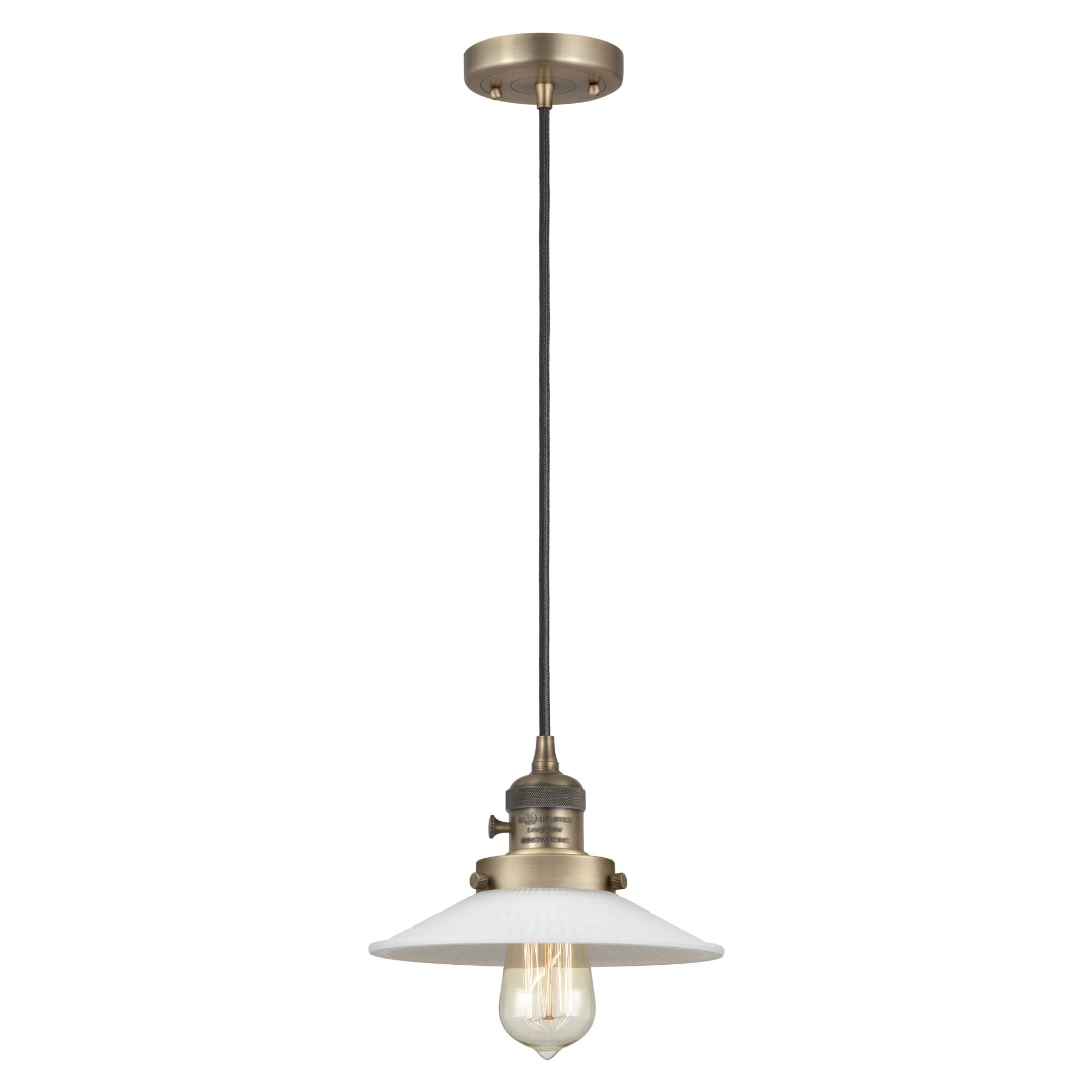 Shown in Brushed Brass finish and Matte White glass