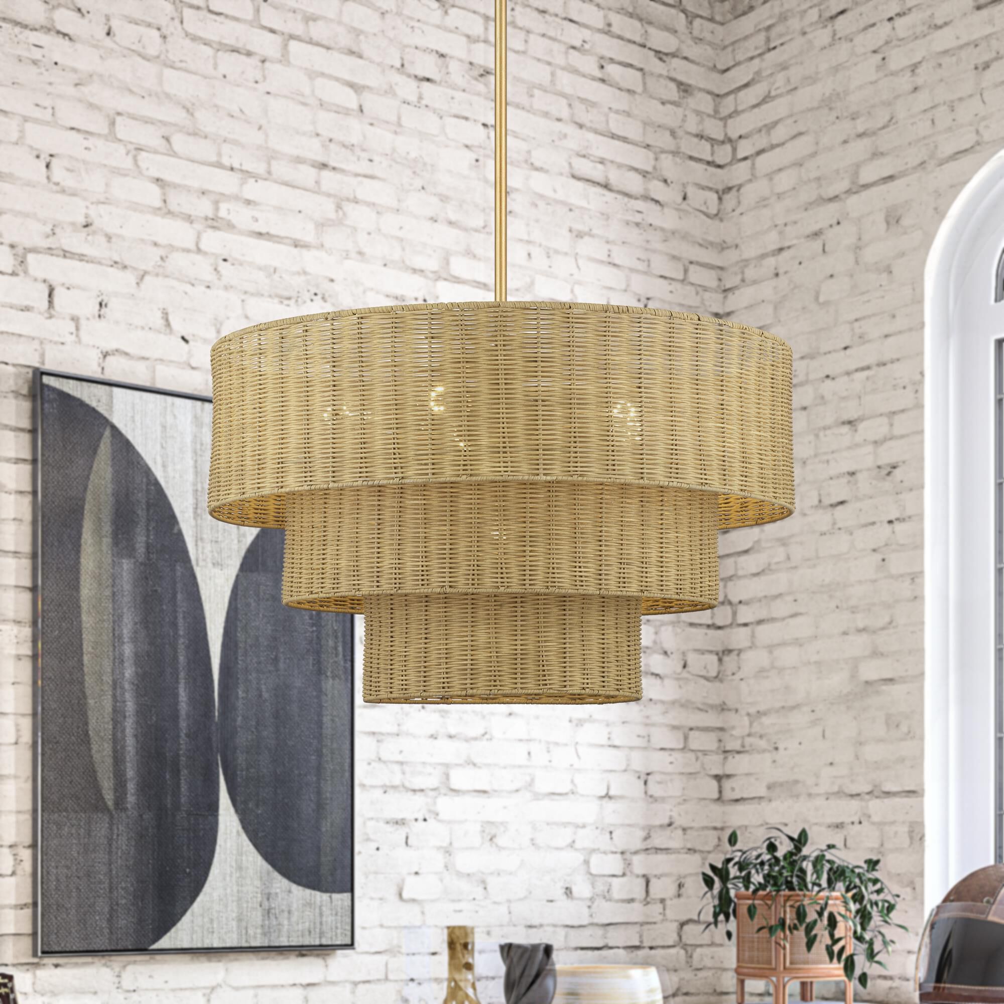 Shown in Antique Gold Leaf finish and Hand-Woven Rustic Walnut Color Rattan shade