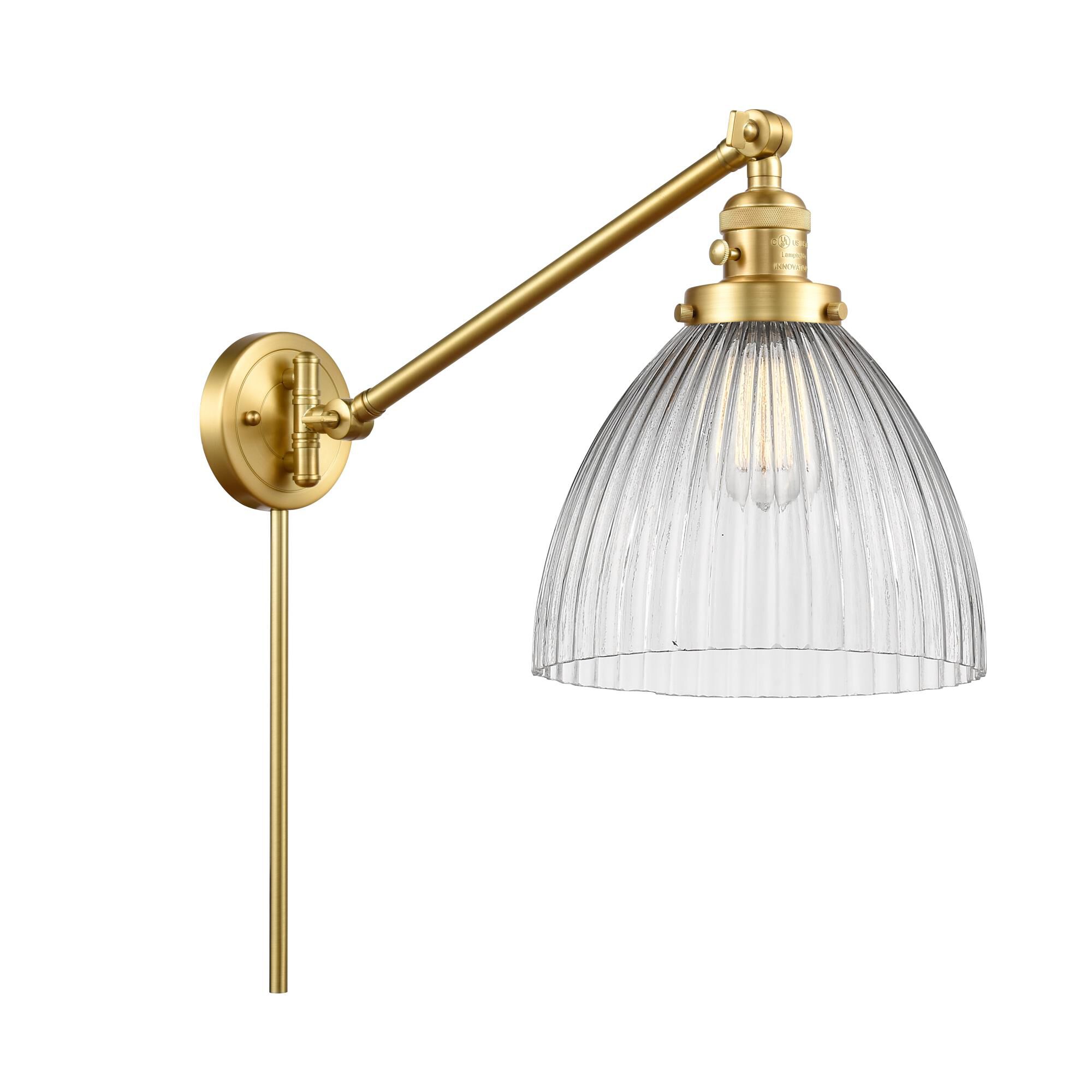 Shown in Satin Gold finish and Clear Halophane Seneca Falls glass