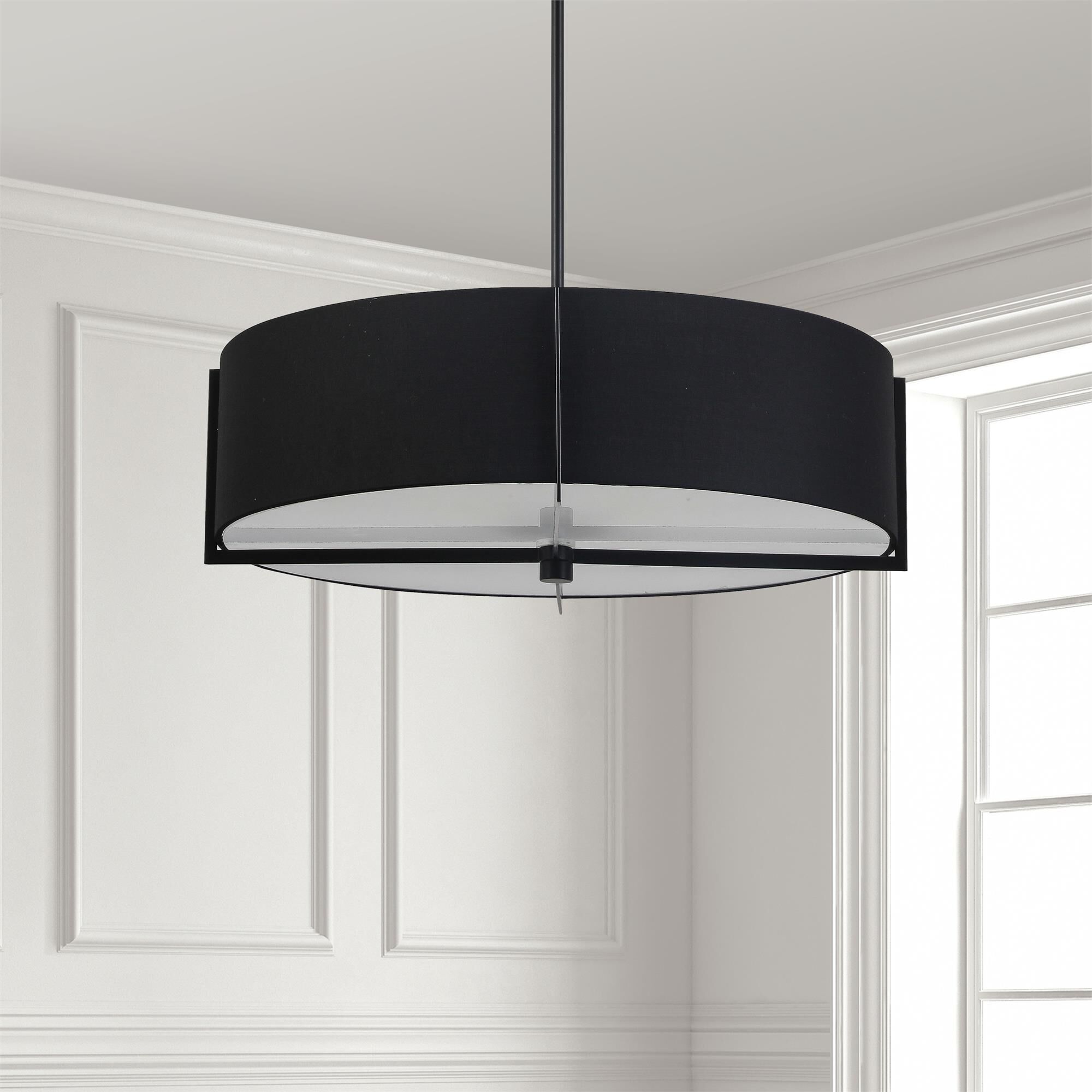 Shown in Matte Black and Black finish and Black Fabric Drum shade