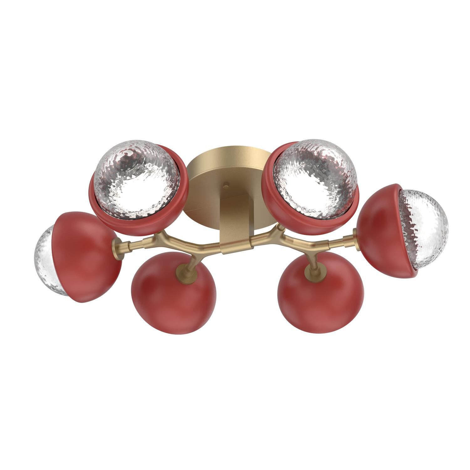 Shown in Gilded Brass finish and Clear glass and Cinnamon Red accent