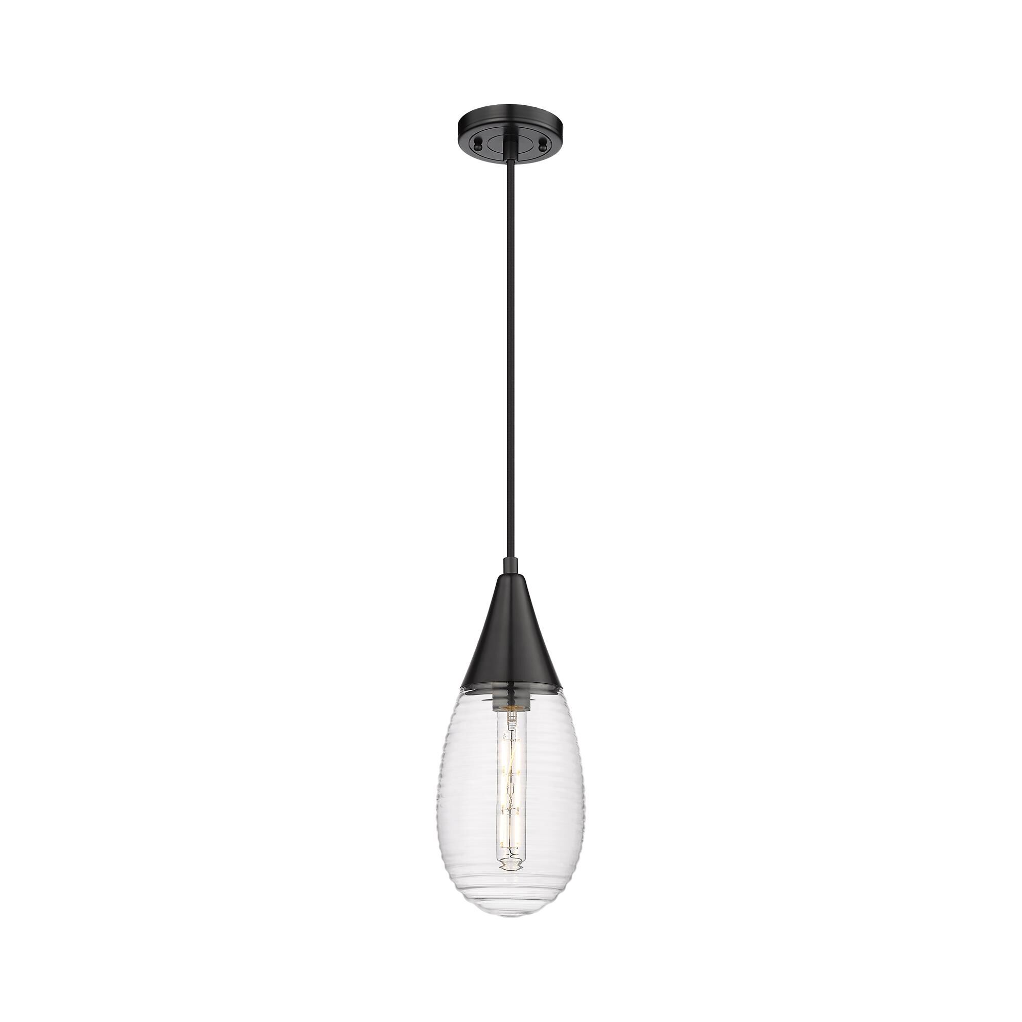 Shown in Matte Black finish and Striped Clear glass and Striped Clear Glass shade