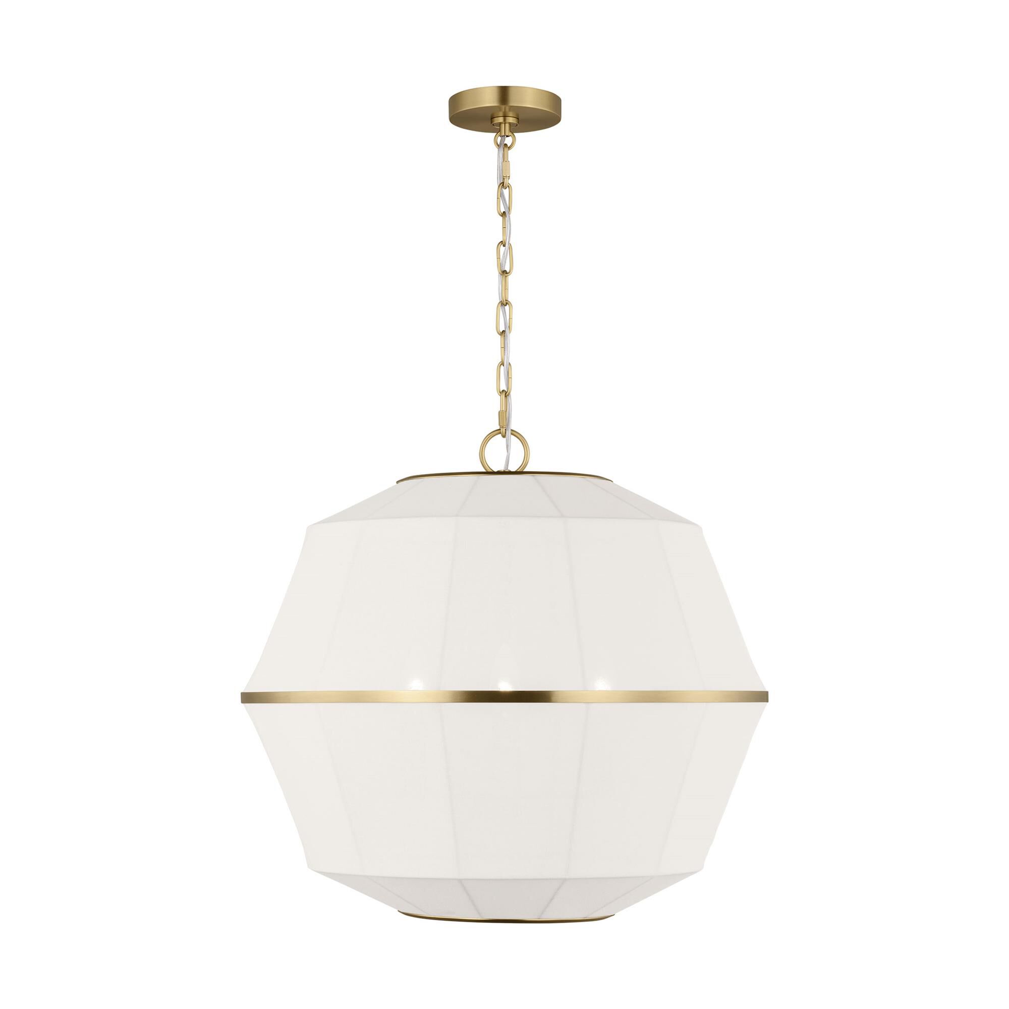 Shown in Burnished Brass finish and White Linen shade