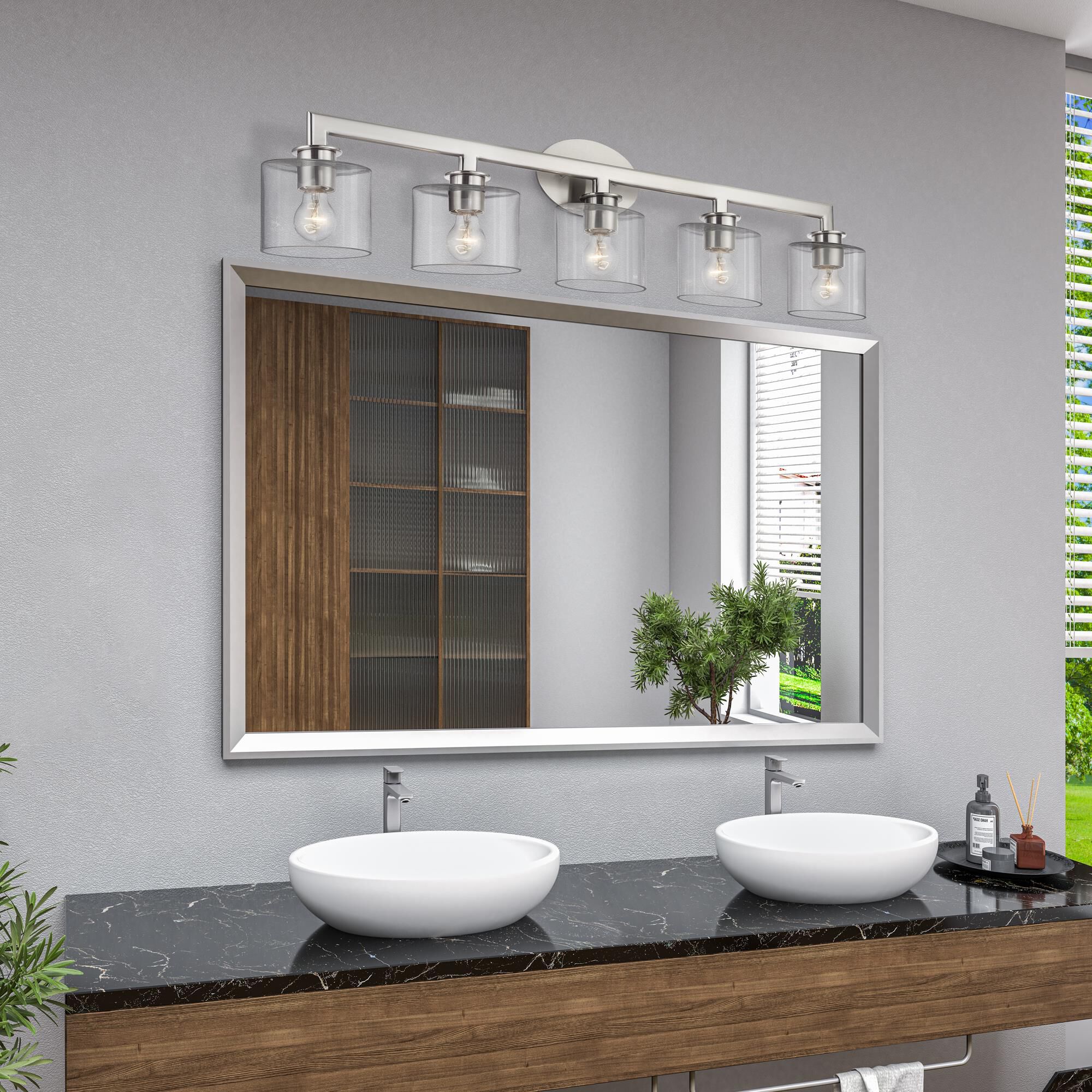 Shown in Brushed Nickel finish and Mouth Blown Clear glass