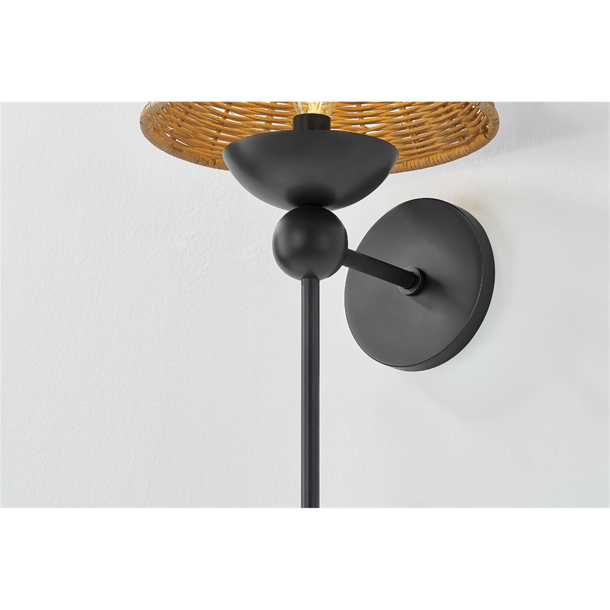 Shown in Old Bronze finish and Vintage Natural Wicker shade