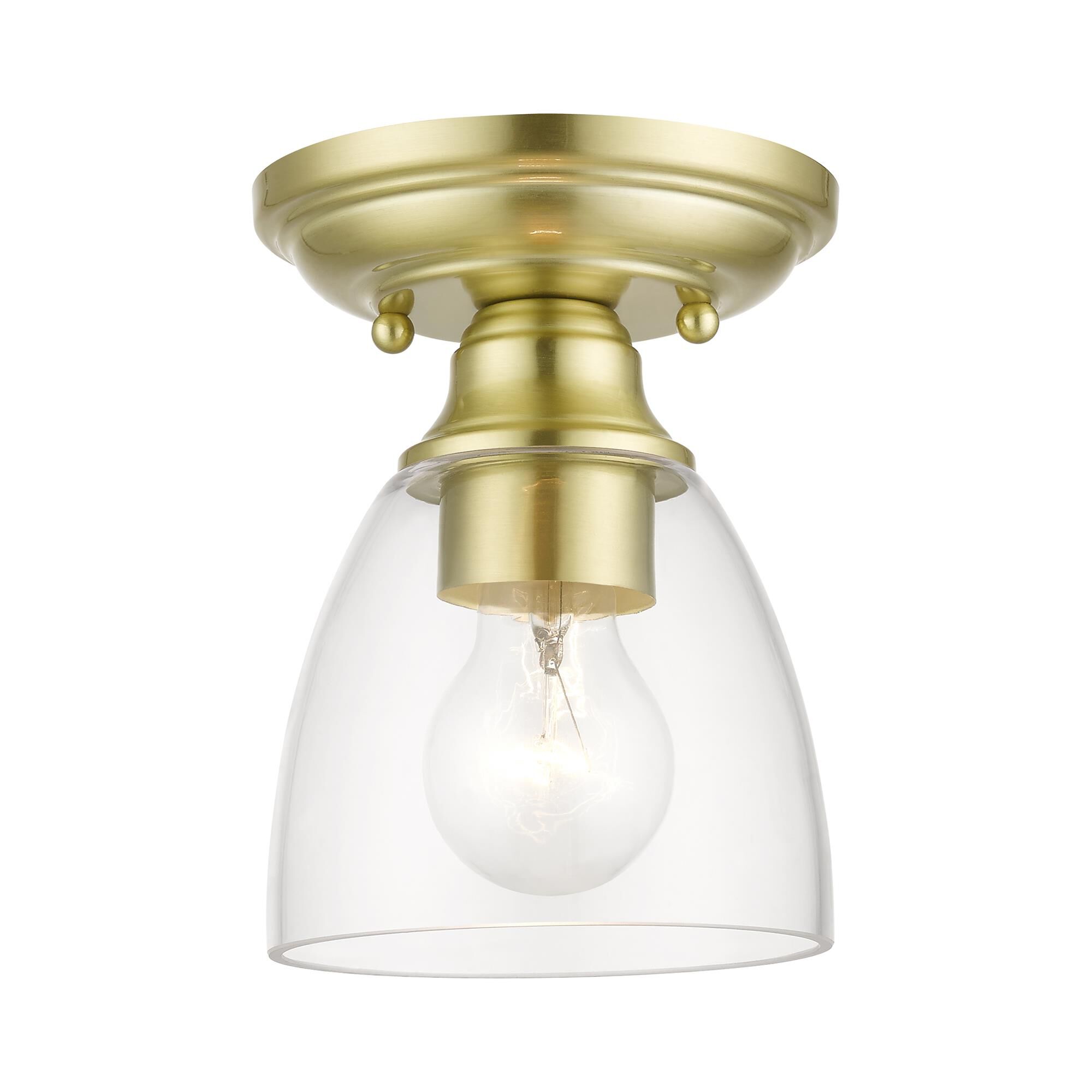 Shown in Satin Brass finish and Hand Blown Clear glass