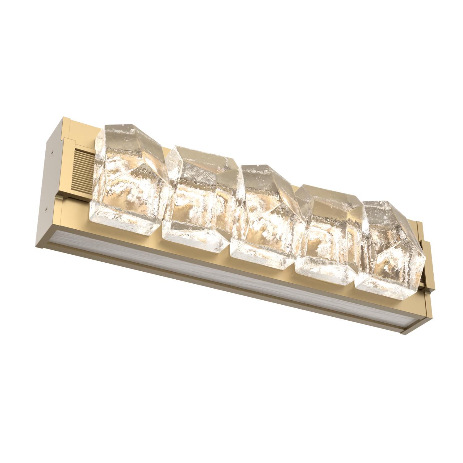 Shown in Gilded Brass finish and Clear Stone glass and Light Oak accent