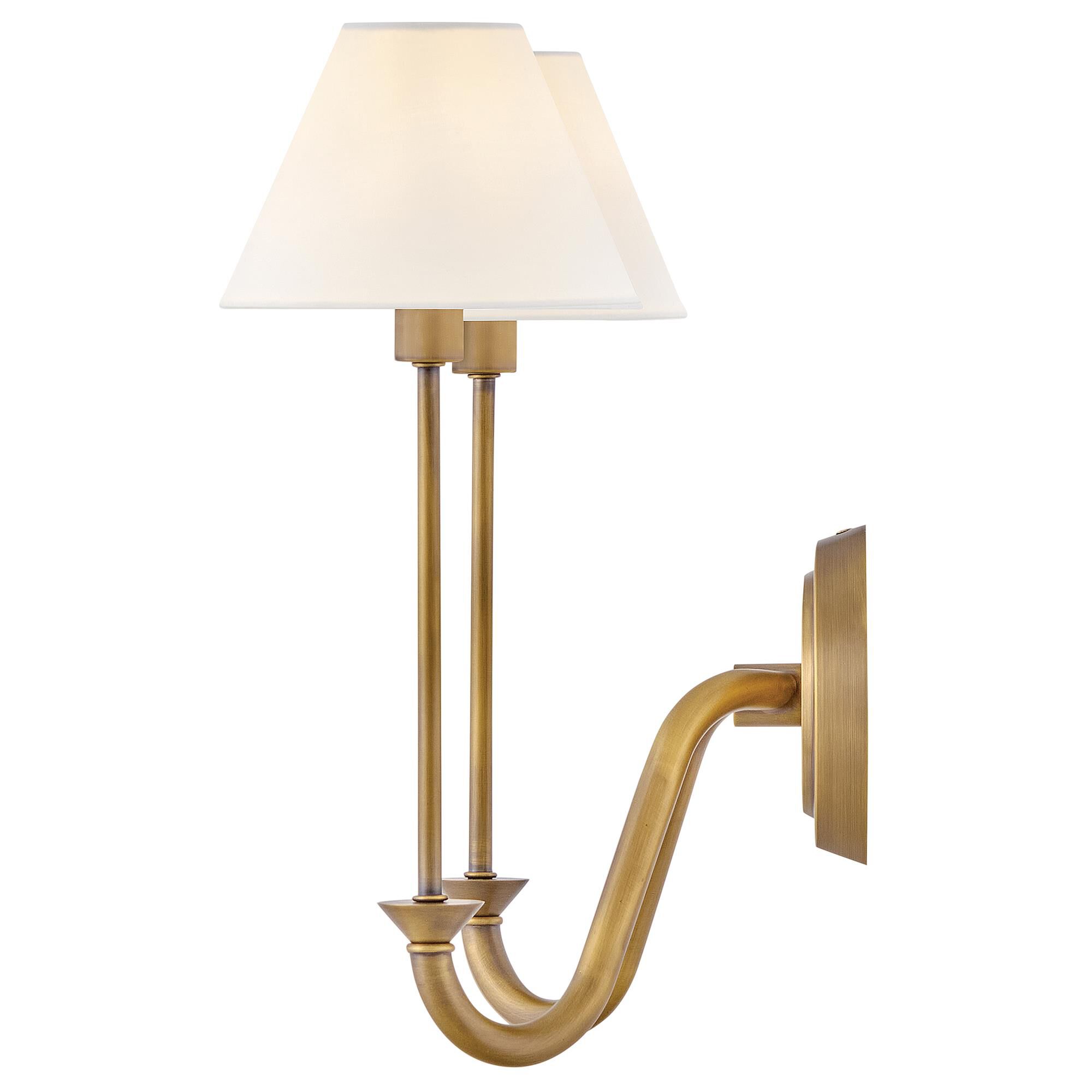 Shown in Heritage Brass finish and Off-White Linen shade