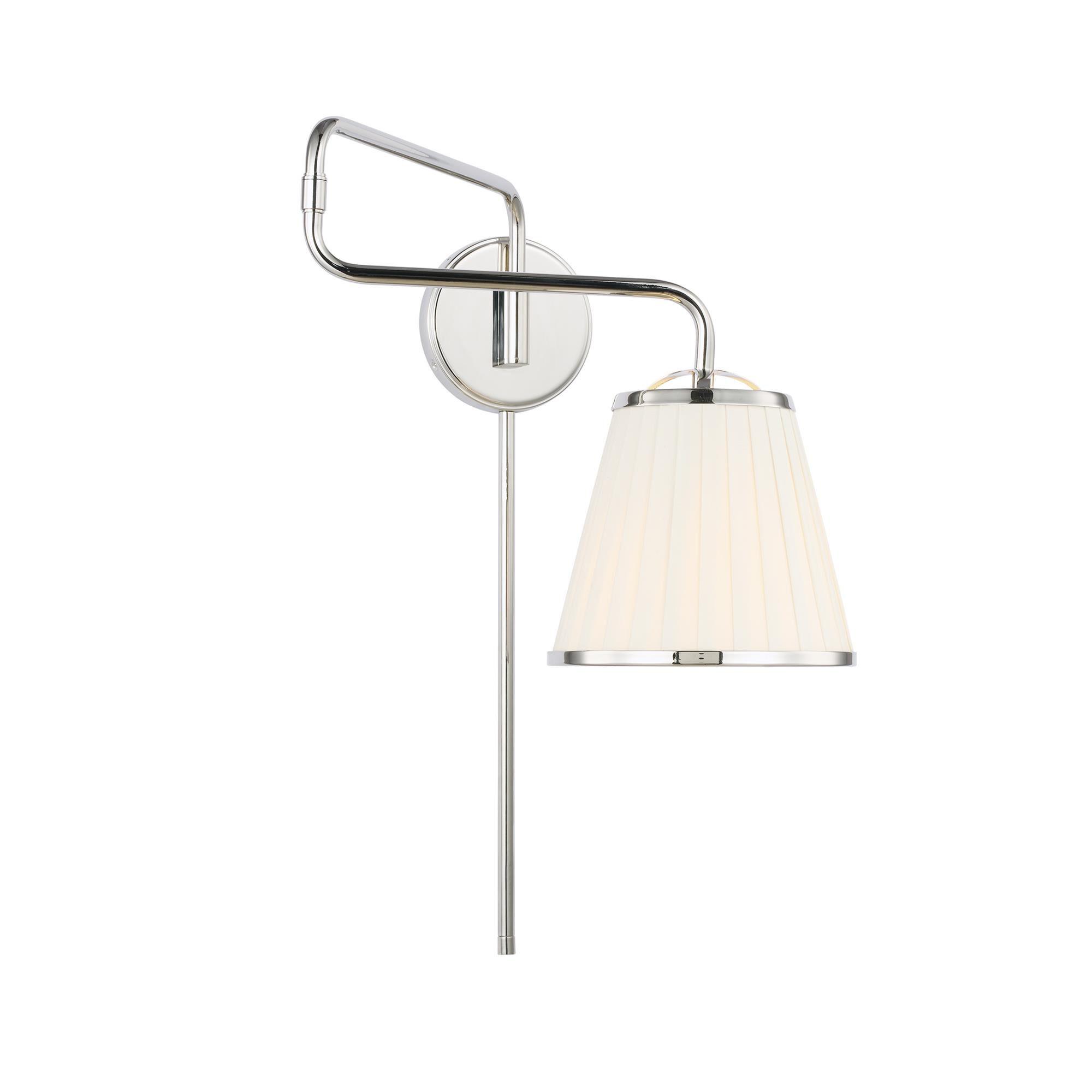 Shown in Polished Nickel finish and White Linen Pleated Fabric shade