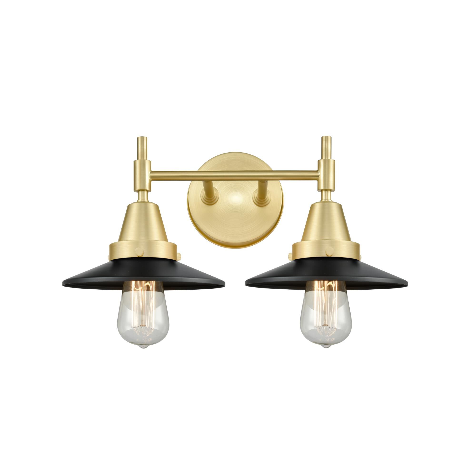 Shown in Satin Brass finish and Matte Black Railroad shade