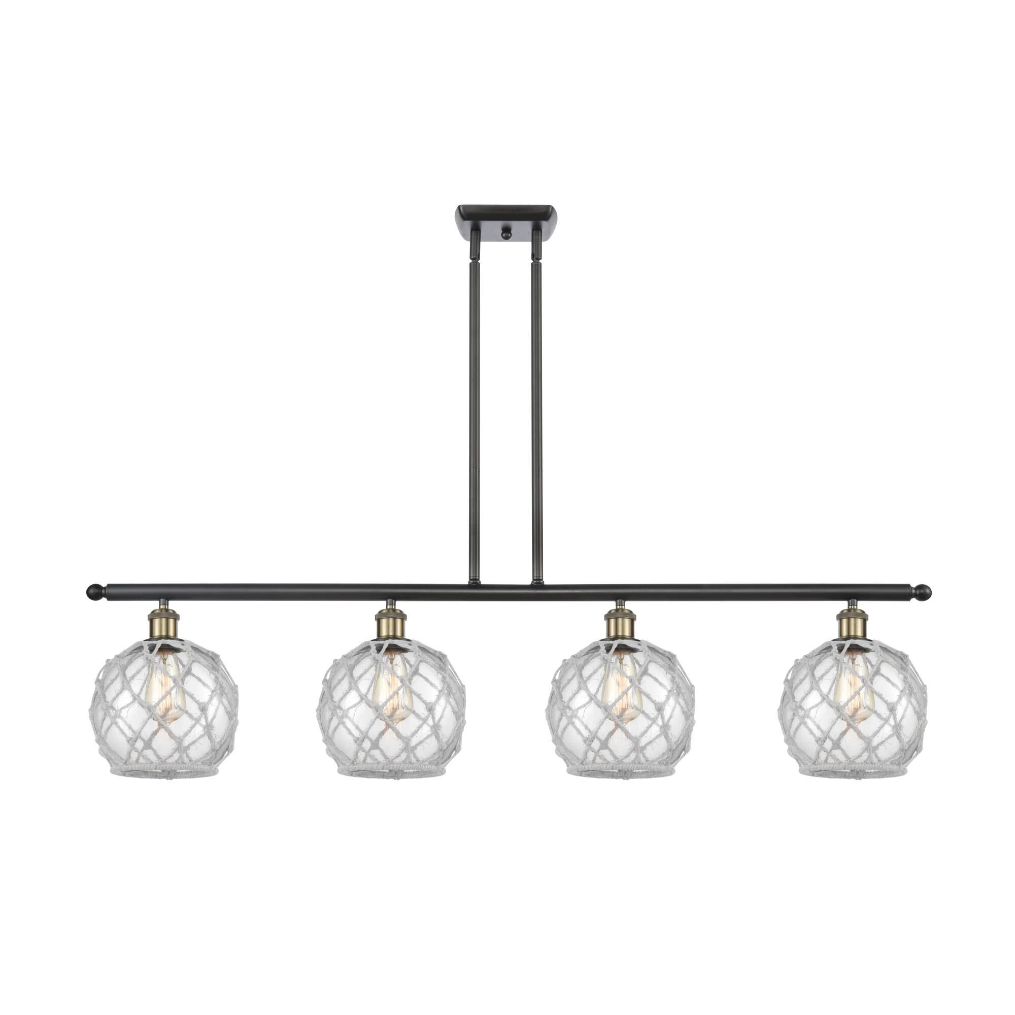 Shown in Black Antique Brass finish and Sphere glass and Glass And Rope shade