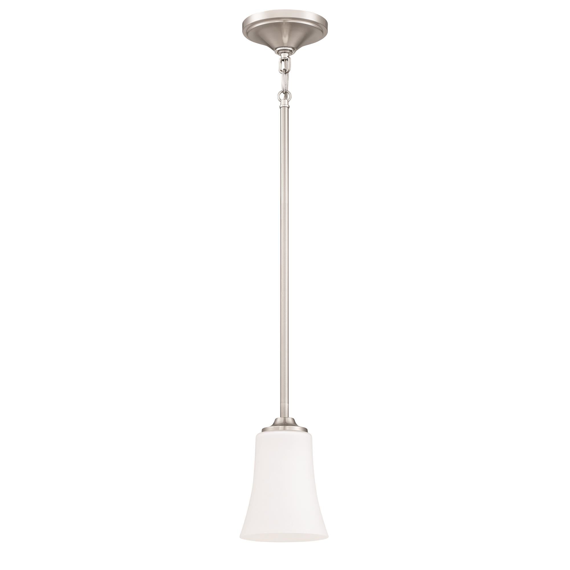 Shown in Brushed Polished Nickel finish and White Frosted glass and Glass shade
