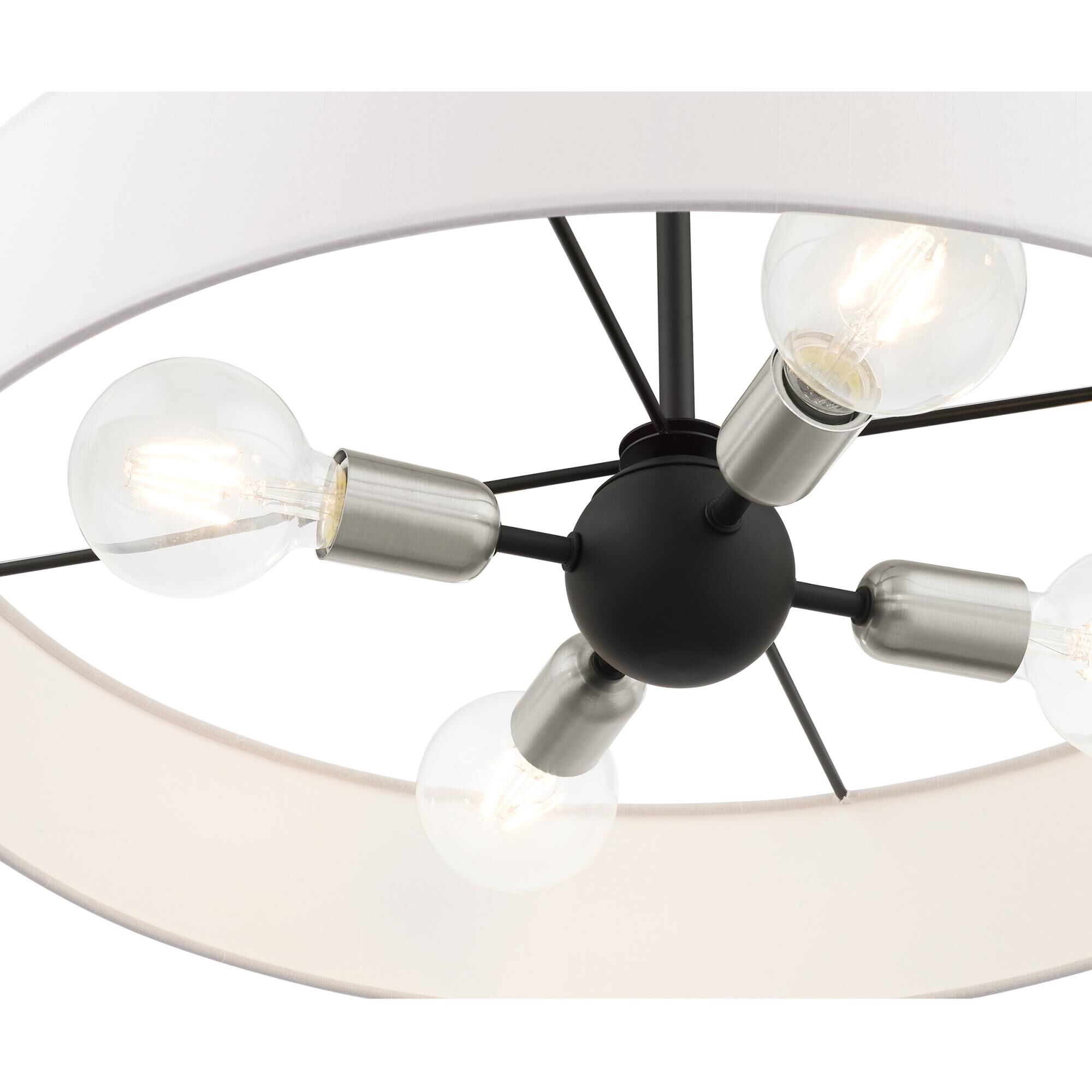 Shown in Black With Brushed Nickel Accents finish and Hand Crafted Off White Fabric Hardback Shade glass and Hand Crafted Off White Fabric Hardback shade