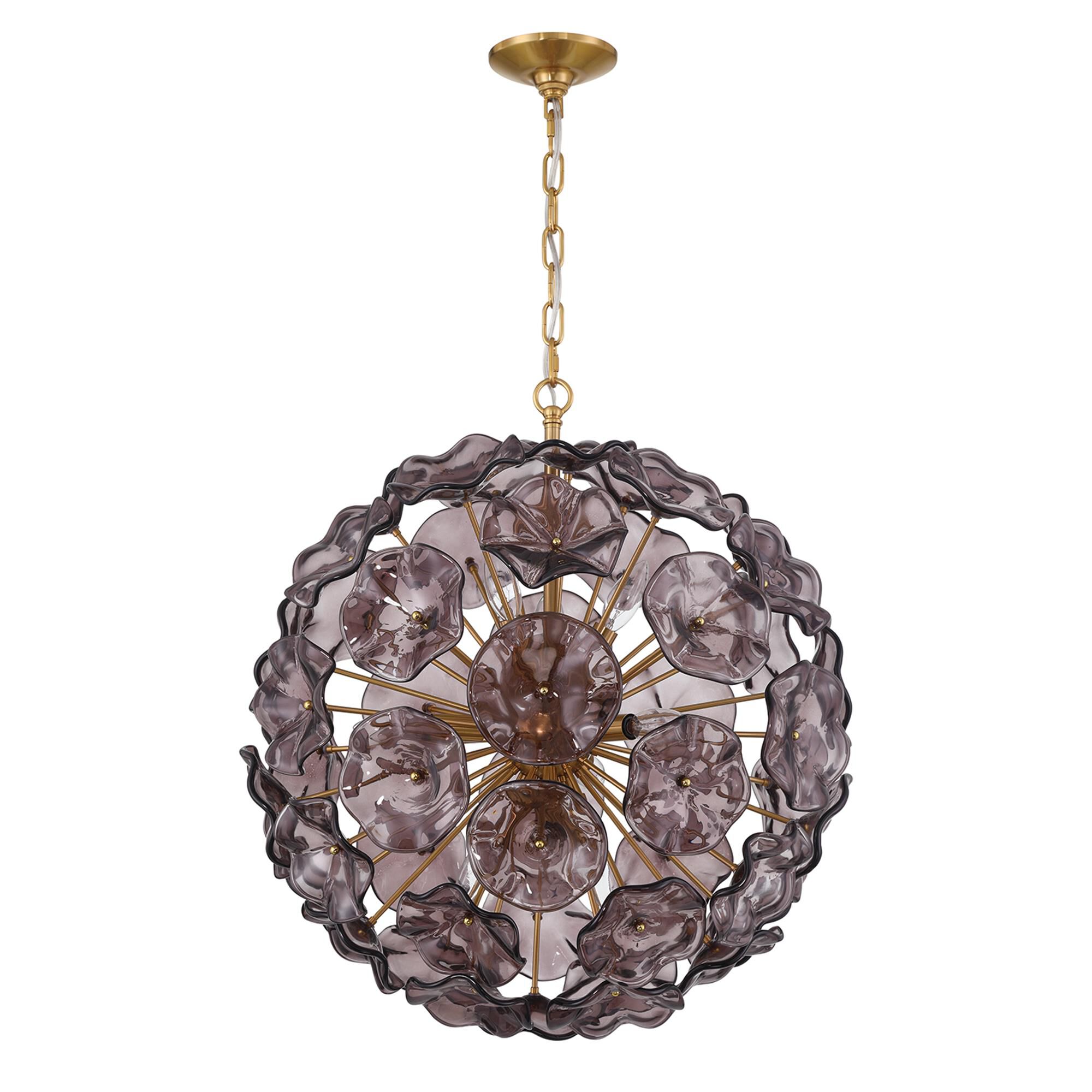 Shown in Aged Brass finish and Floral Petals Smoked glass