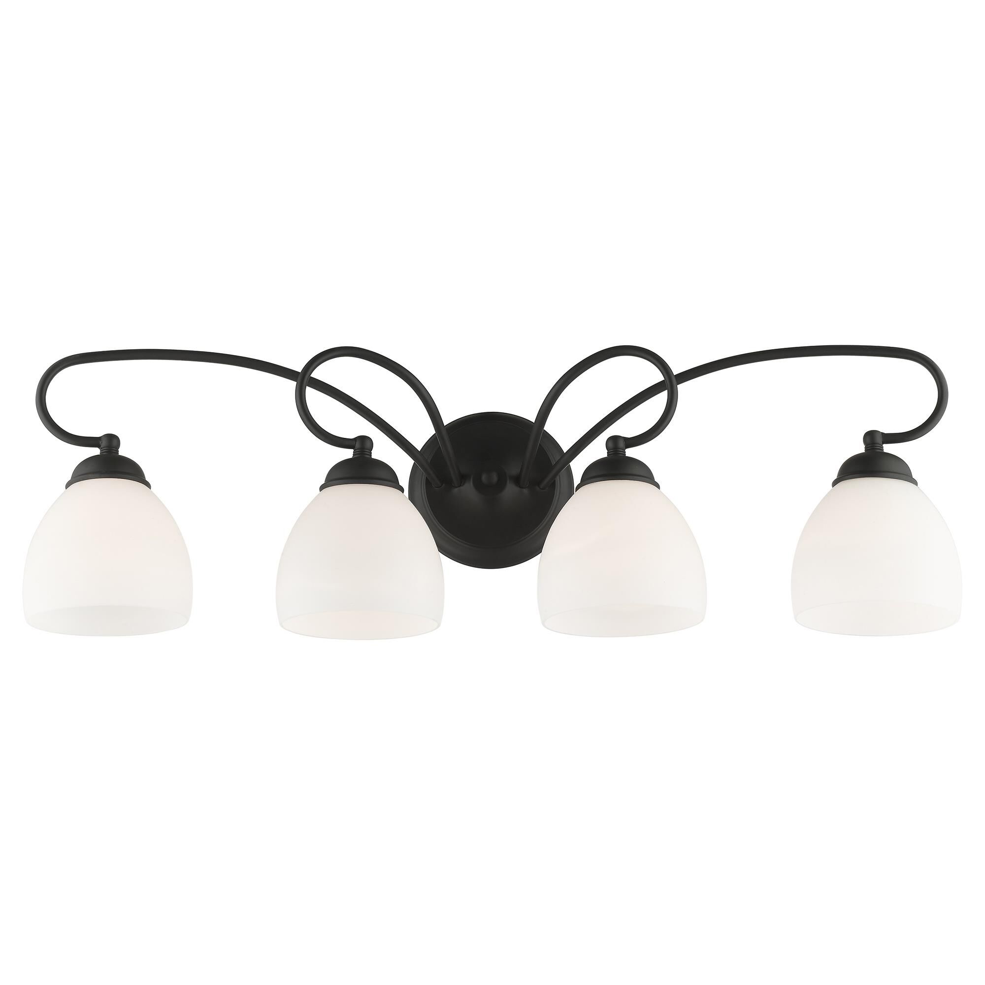 Shown in Black finish and Hand Blown Satin Opal White glass