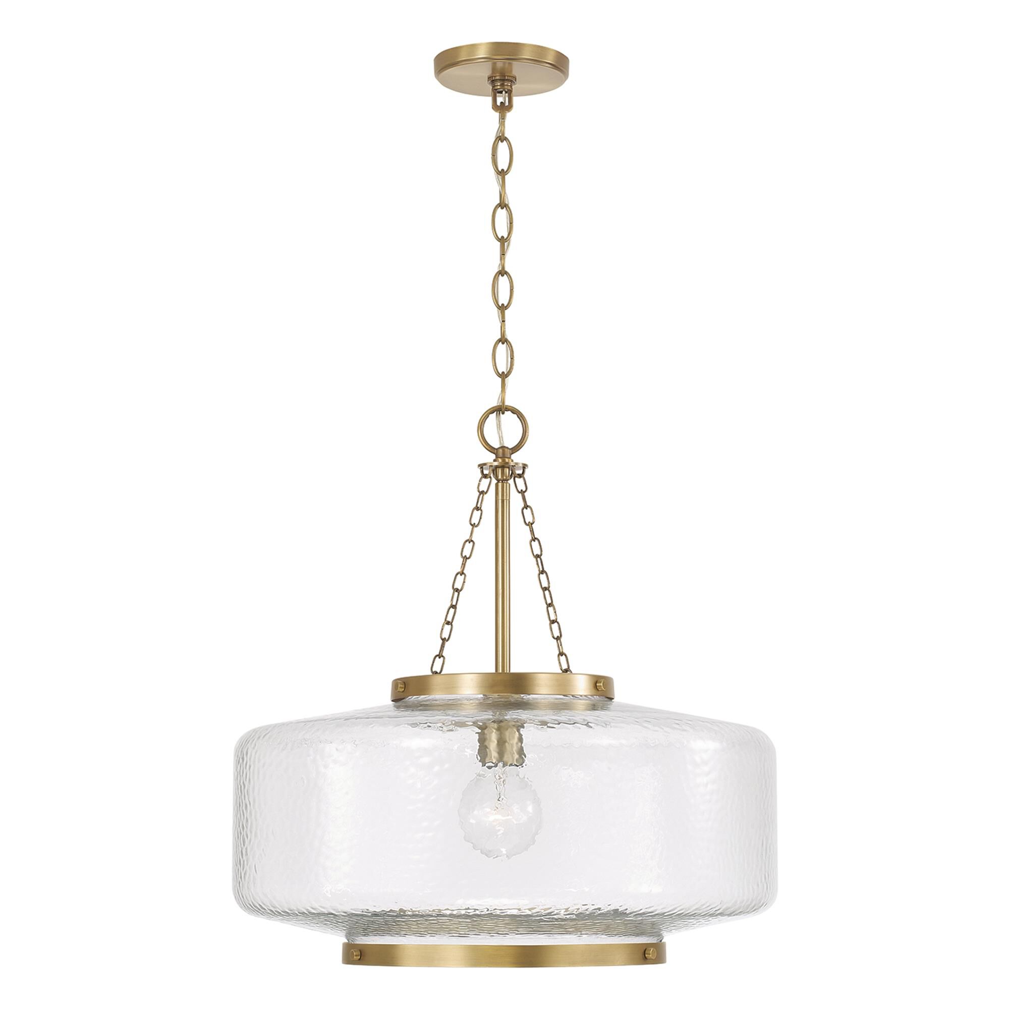 Shown in Aged Brass finish and Organic Hammered glass