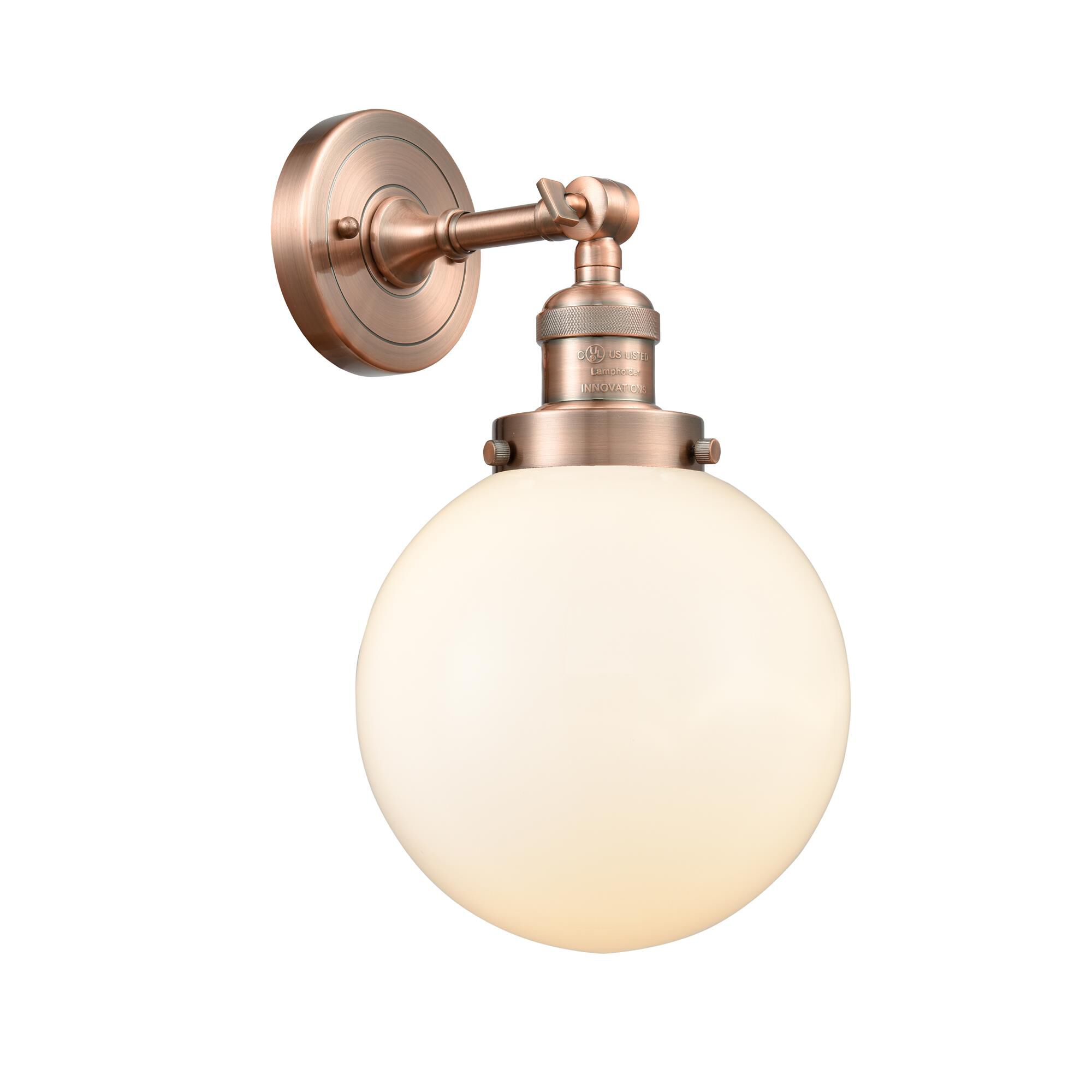 Shown in Antique Copper finish and Matte White Cased glass and No Accent accent