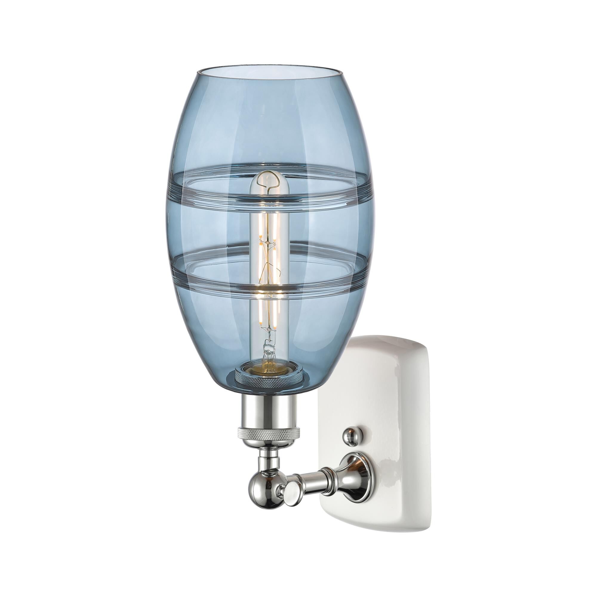 Shown in White Polished Chrome finish and Princess Blue glass