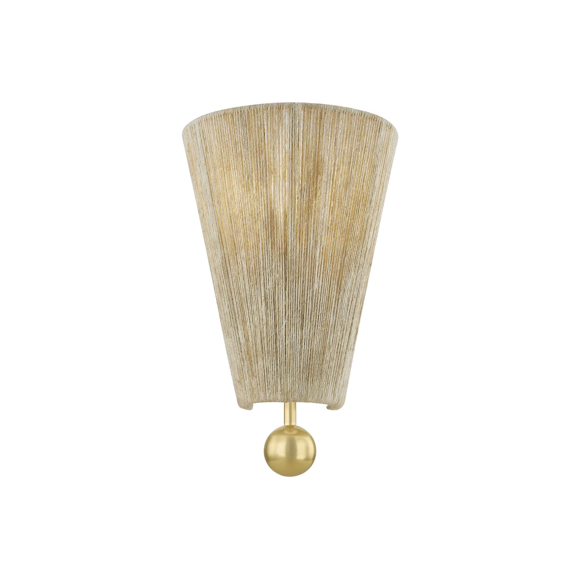 Shown in Aged Brass finish and Natural Woven shade