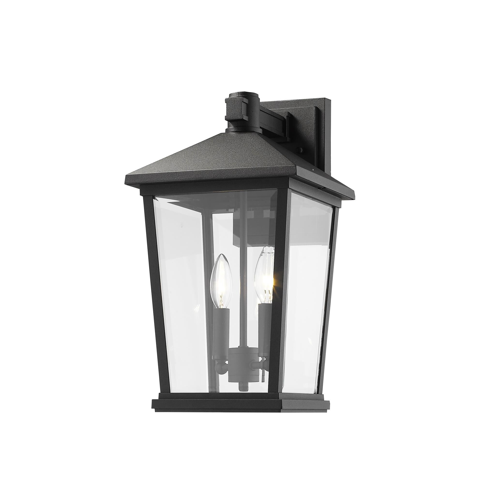 Shown in Black finish and Clear Beveled glass and Glass shade