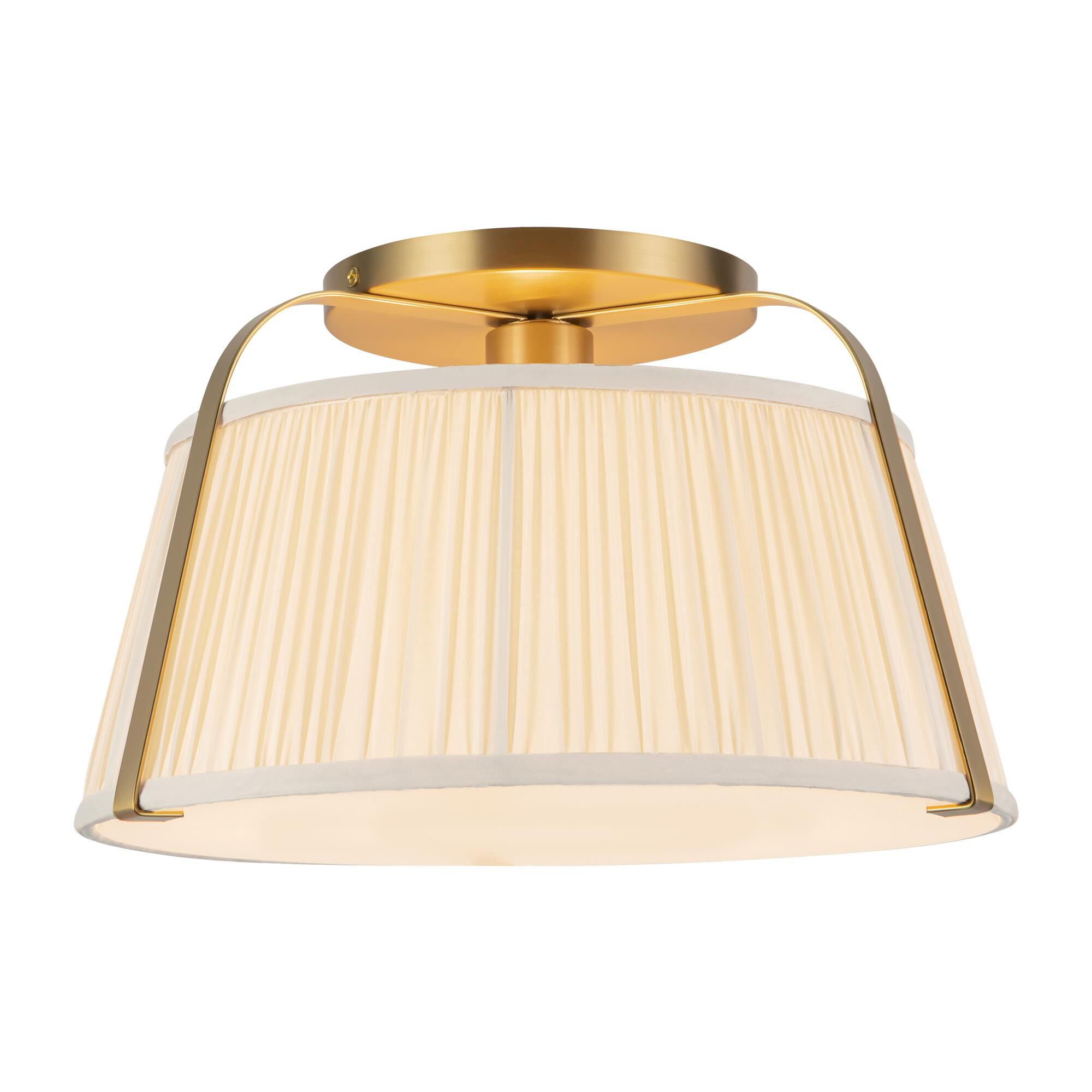 Shown in Brushed Gold finish and Frosted Polycarbonate Diffuser glass and White Linen shade