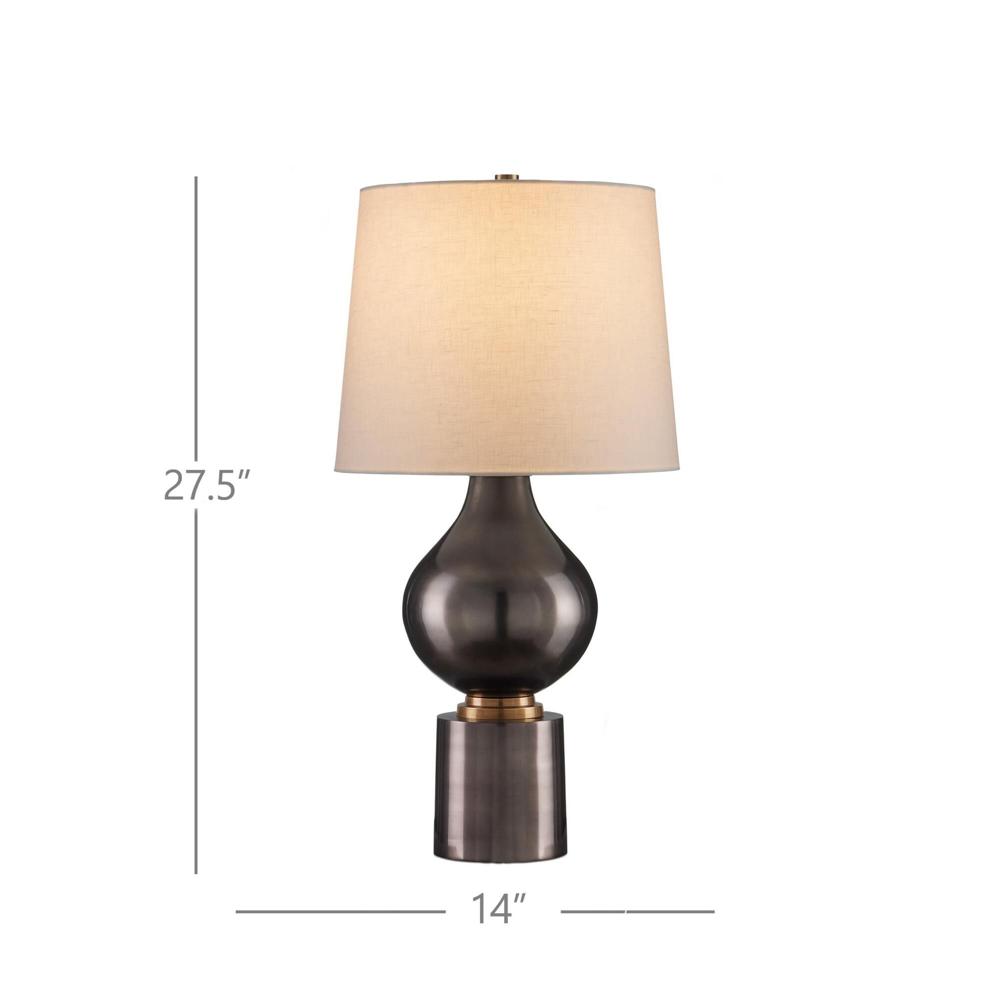 Shown in Black Nickel, Vintage Brass finish and Off-White Linen shade