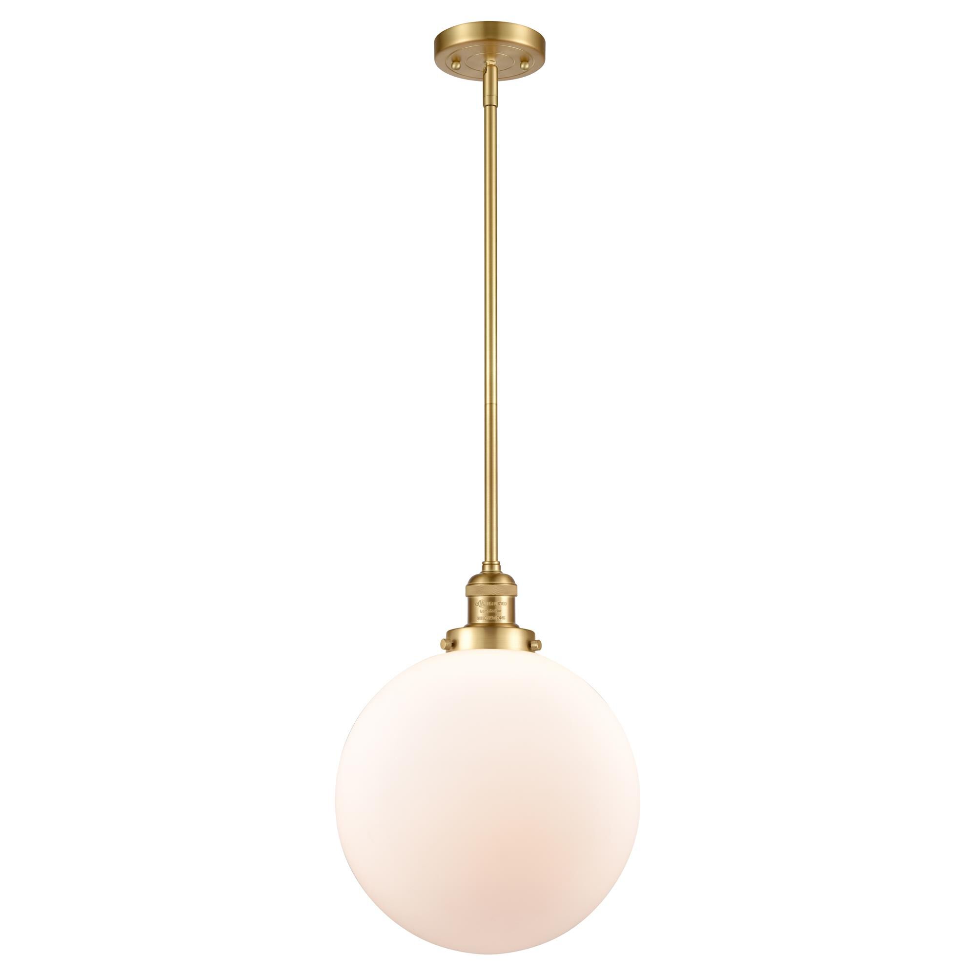 Shown in Satin Gold finish and Matte White Cased Beacon glass