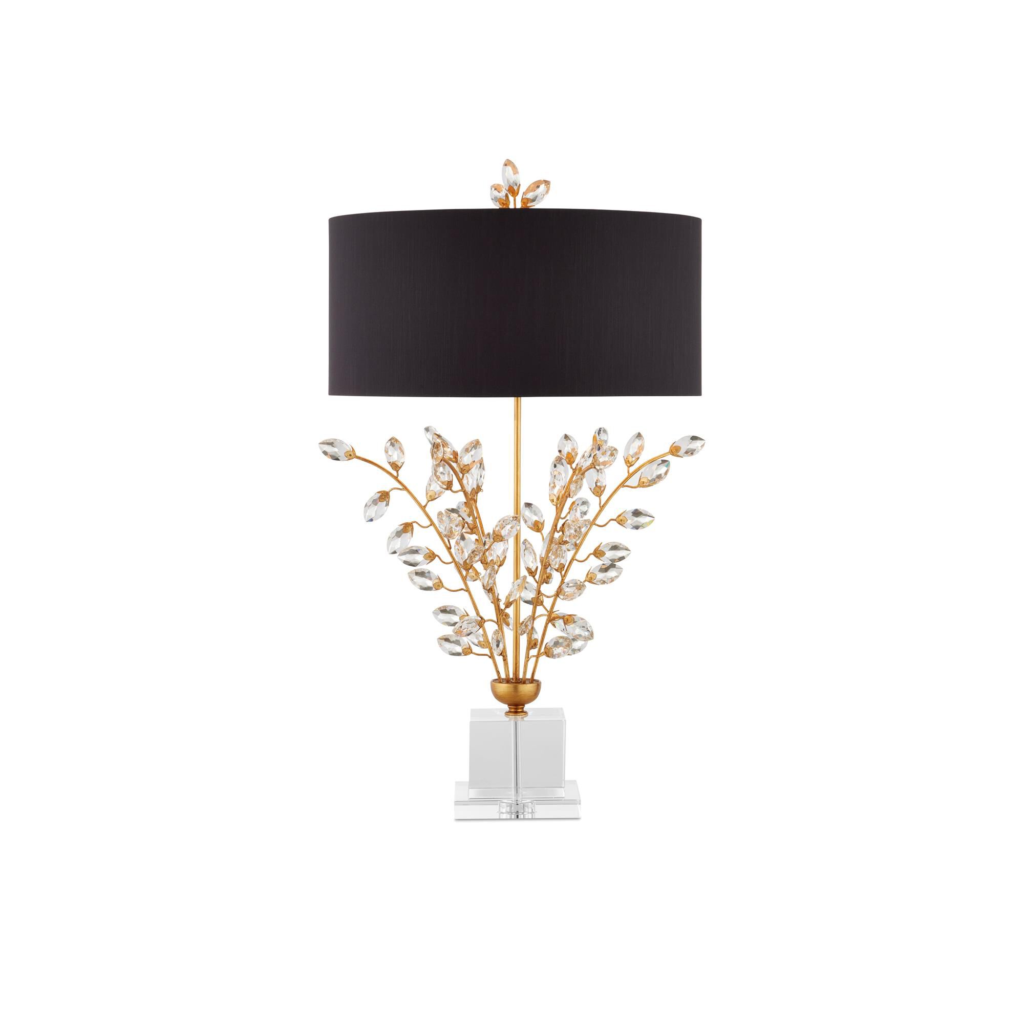 Shown in Chinois Gold Leaf-Clear finish and Black Shantung shade