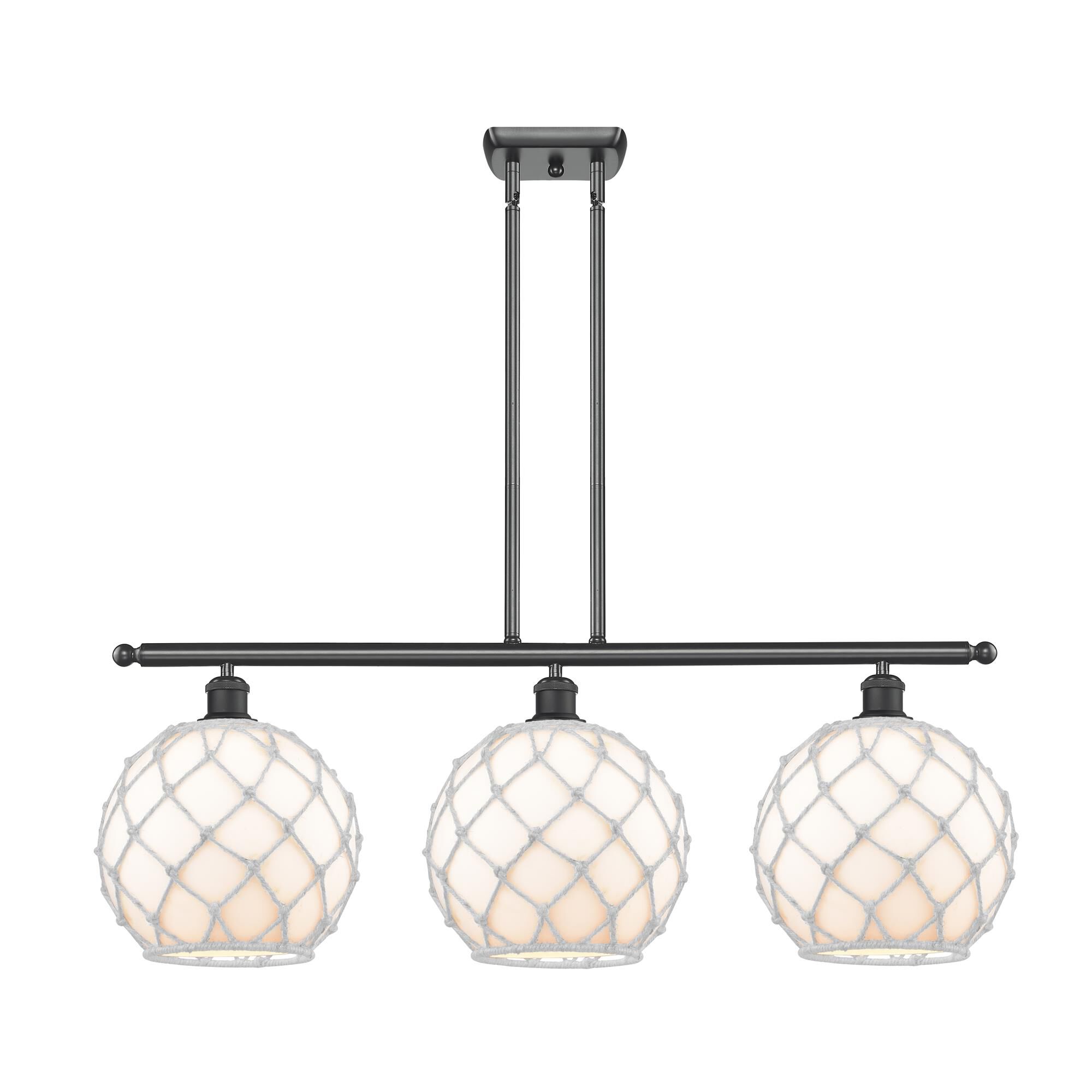 Shown in Matte Black finish and Sphere glass and Glass And Rope shade