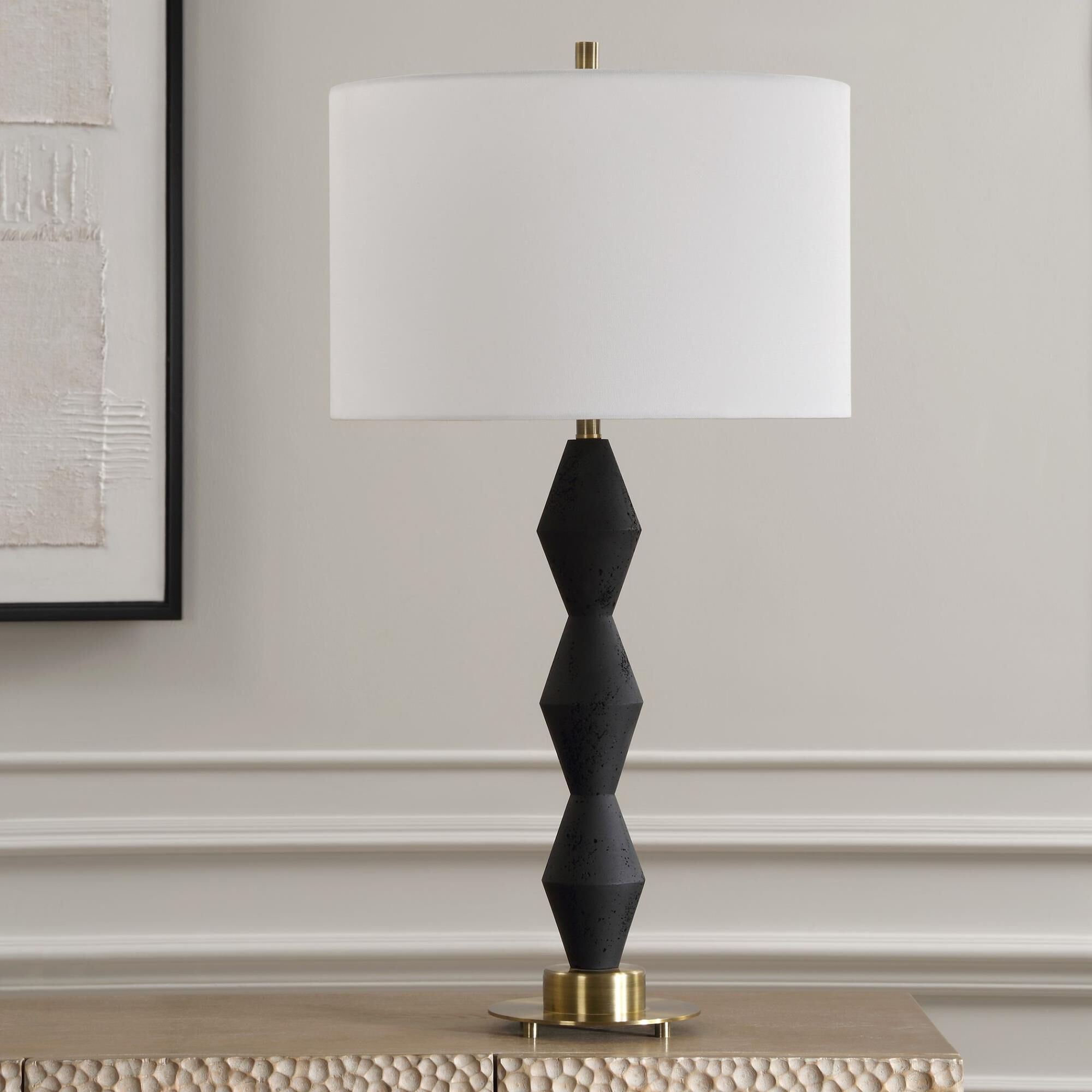 Shown in This Table Lamp Is Crafted From Cast Black Man-Made Stone For A Bold Yet Refined Aesthetic. Its Dist finish and Round Drum Hardback shade