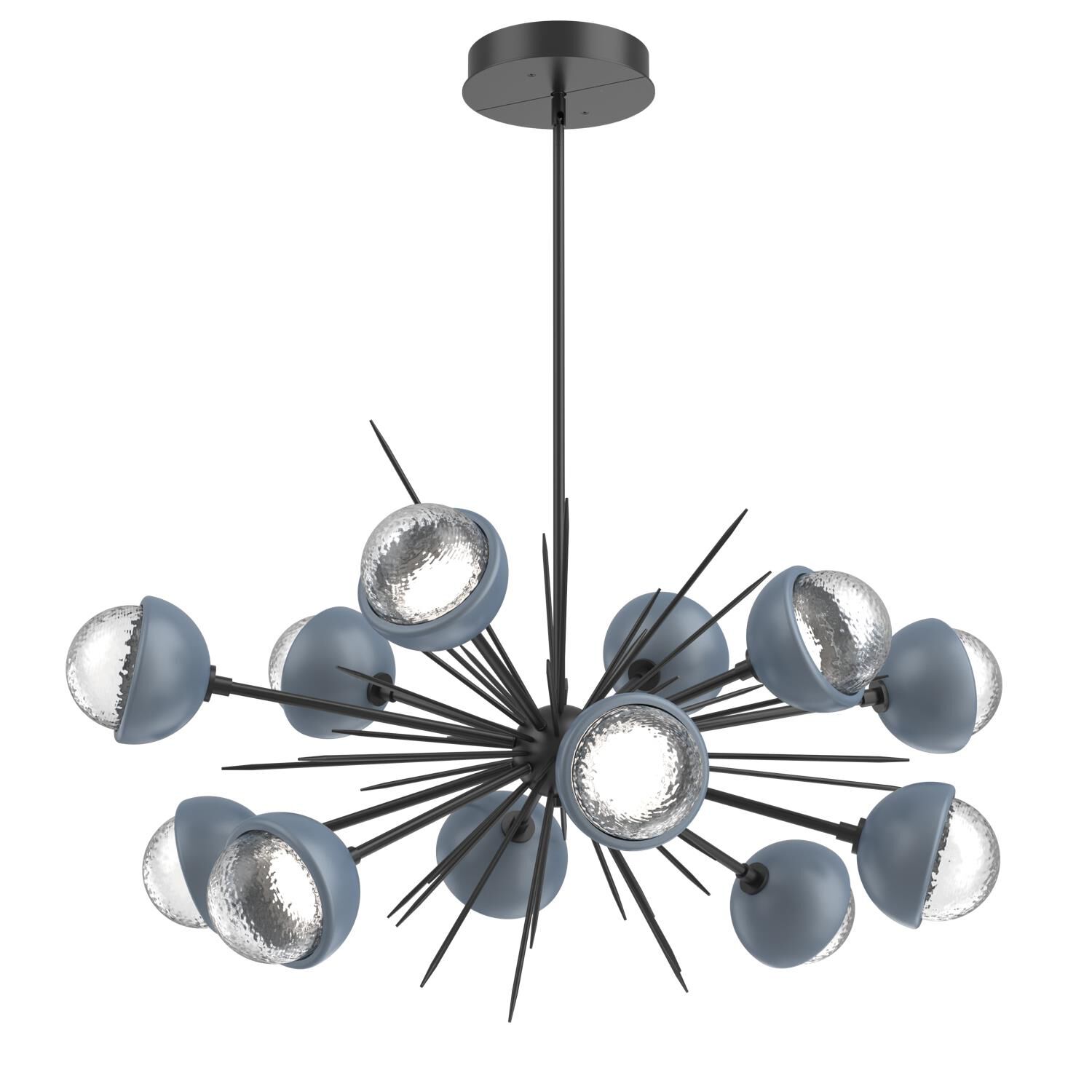 Shown in Matte Black finish and Clear glass and Poppy Blue accent